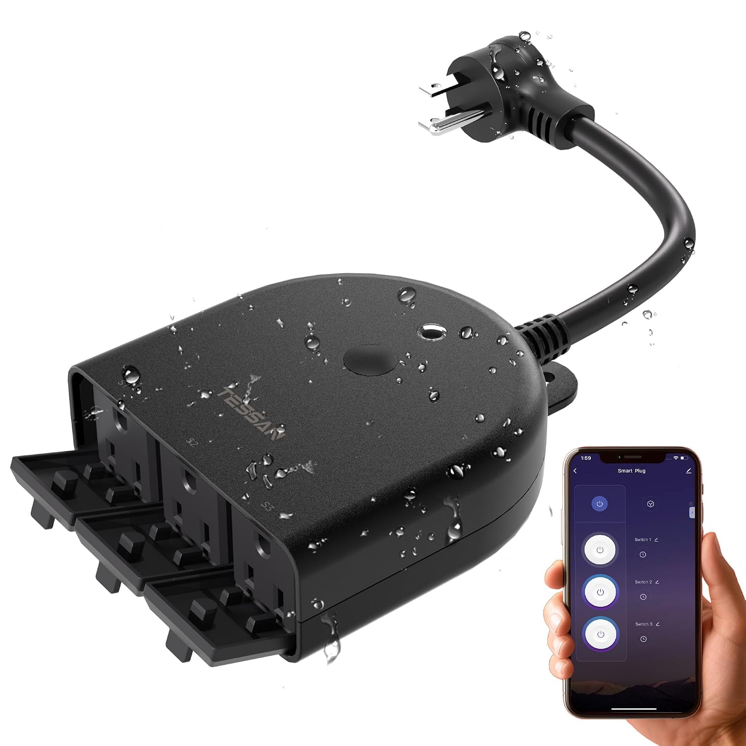 TESSAN Outdoor Smart Plug Waterproof, 2.4GHz WiFi Only | 15A/1875W Heavy Duty, 3 Individual Sockets, Compatible with Alexa Google Home, Remote Control Timer