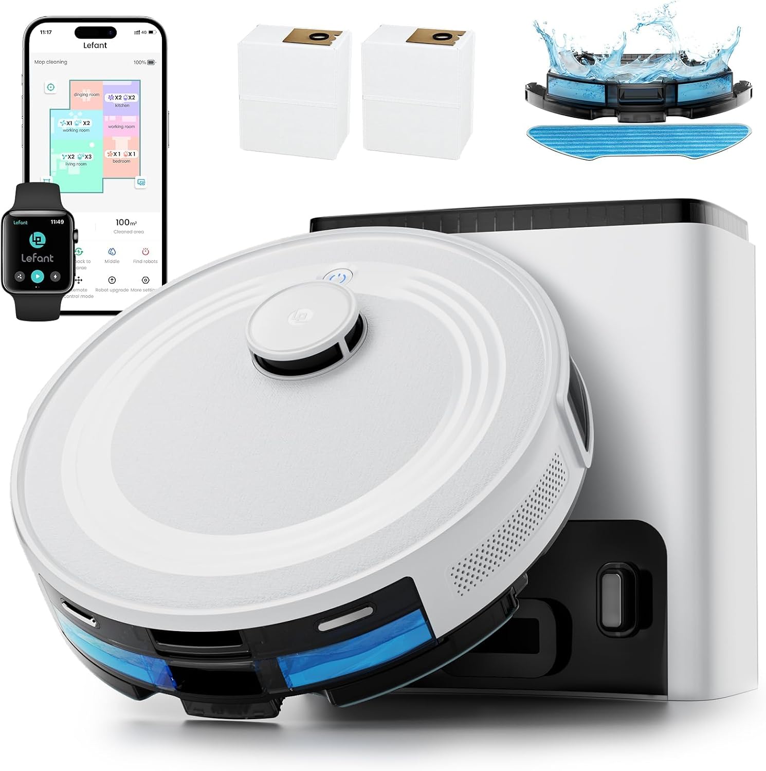 Lefant Robot Vacuum and Mop,75-Day Self-Emptying,6000Pa Powerful Suction,Customized Cleaning,Home Mapping, 140 Min Runtime, Roller Brush for Carpet,2.4G/5G WiFi/Alexa/APP/iWatch,M2 Plus