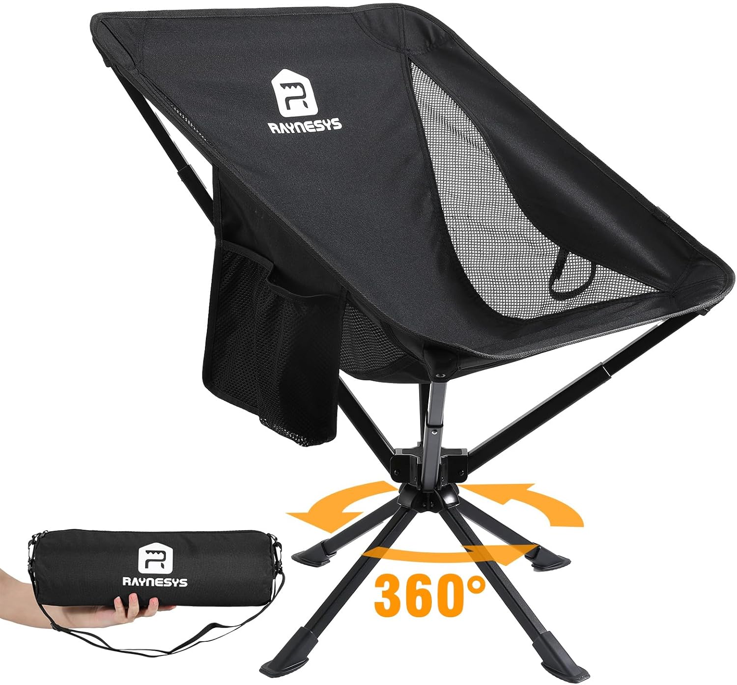 Raynesys Portable Swivel Camping Chair, 8 Seconds Quick Setup Easy Carry | 3.8Lb Lightweight Folding Chairs for Hiking, Beach, Sporting, Travel, 1 Pack, Black