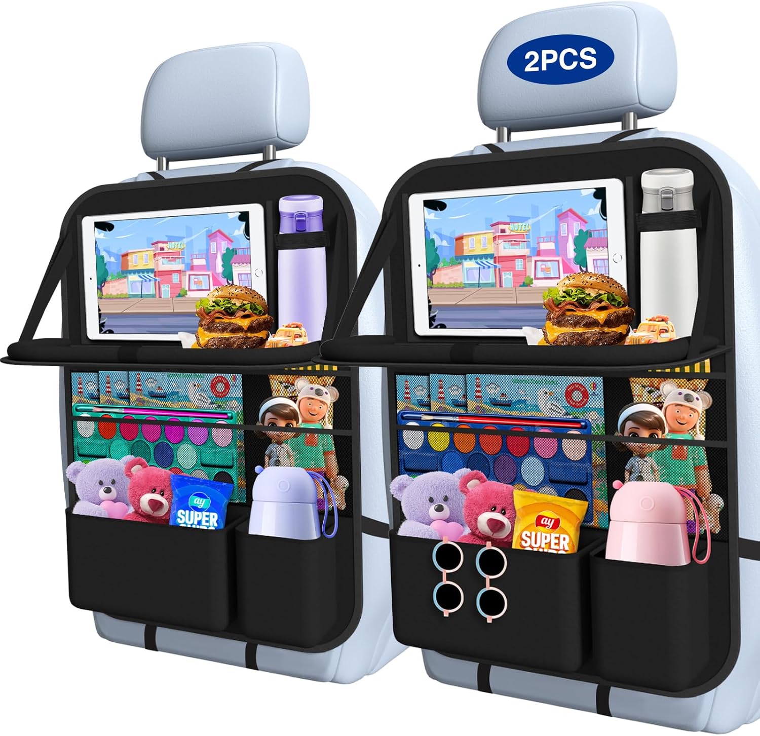 Car Backseat Organizer with Table Tray(2-Pack) 9 Storage Pockets Backseat Car Organizer and storage with Tablet Holder, Kick Mats Back Seat Cover for Kids family Road Trip Essentials Travel | 600d Oxford Fabric, Waterproof & Easy-Clean, Foldable Tray Stows Away, Adjustable Straps Fit Car Seats, Multi-Size Pockets