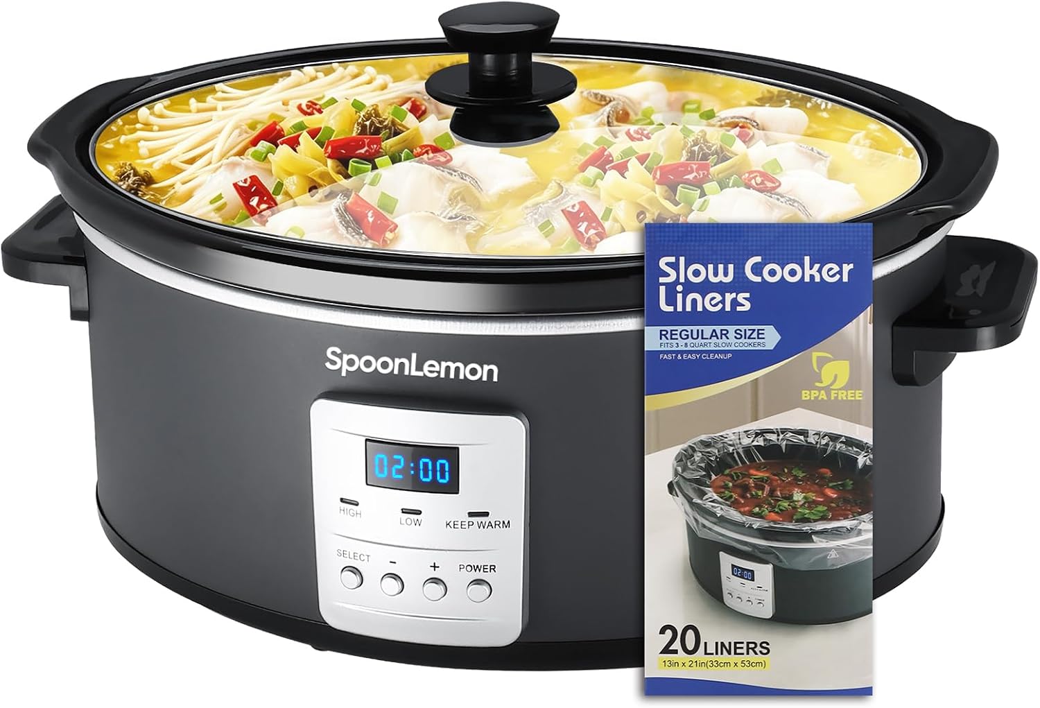 7 Quart Digital Slow Cooker with Programmable Timer, Auto Keep Warm, High Low Warm Settings, Removable Dishwasher-Safe Nonstick Pot for Easy Cleanup, with 20 Count Slow Cooker Liners