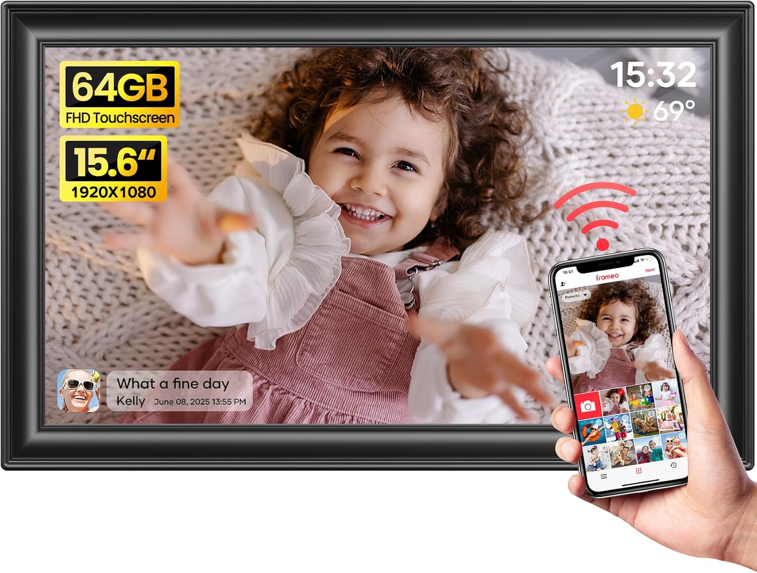 64GB 15.6″ Frameo Digital Picture Frame WiFi, Large Electronic Photo Frames 1920 x 1080 IPS FHD Touch Screen, Send Photos from Your Phone from Anywhere, Best Gifts for Parents and Grandparents