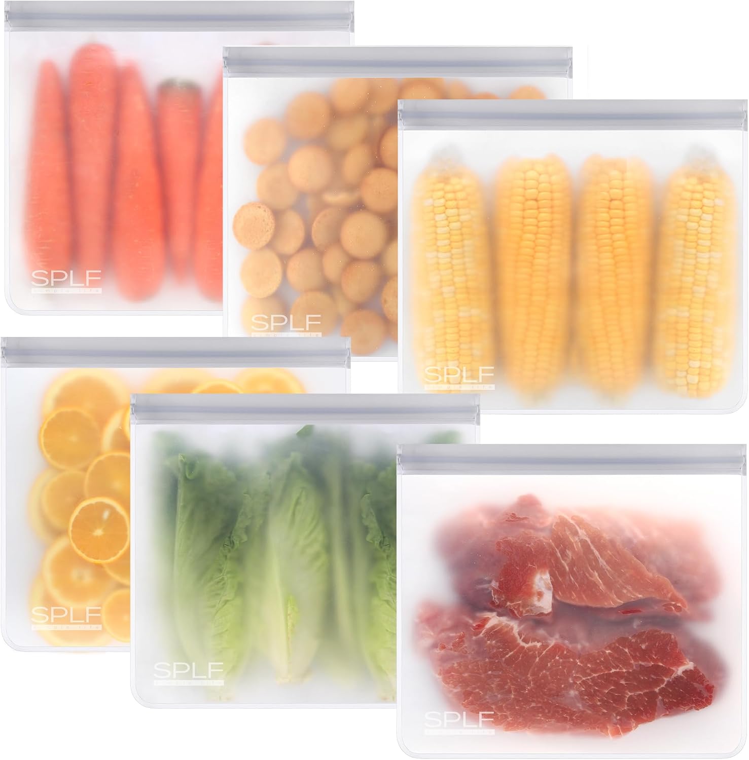 SPLF 6 Pack Reusable Gallon Freezer Bags Dishwasher Safe, Gray | BPA FREE Reusable Food Storage Bags, Extra Thick Leakproof 1 Gallon Bags for Marinate Meat, Cereal, Sandwich, Snack, Travel