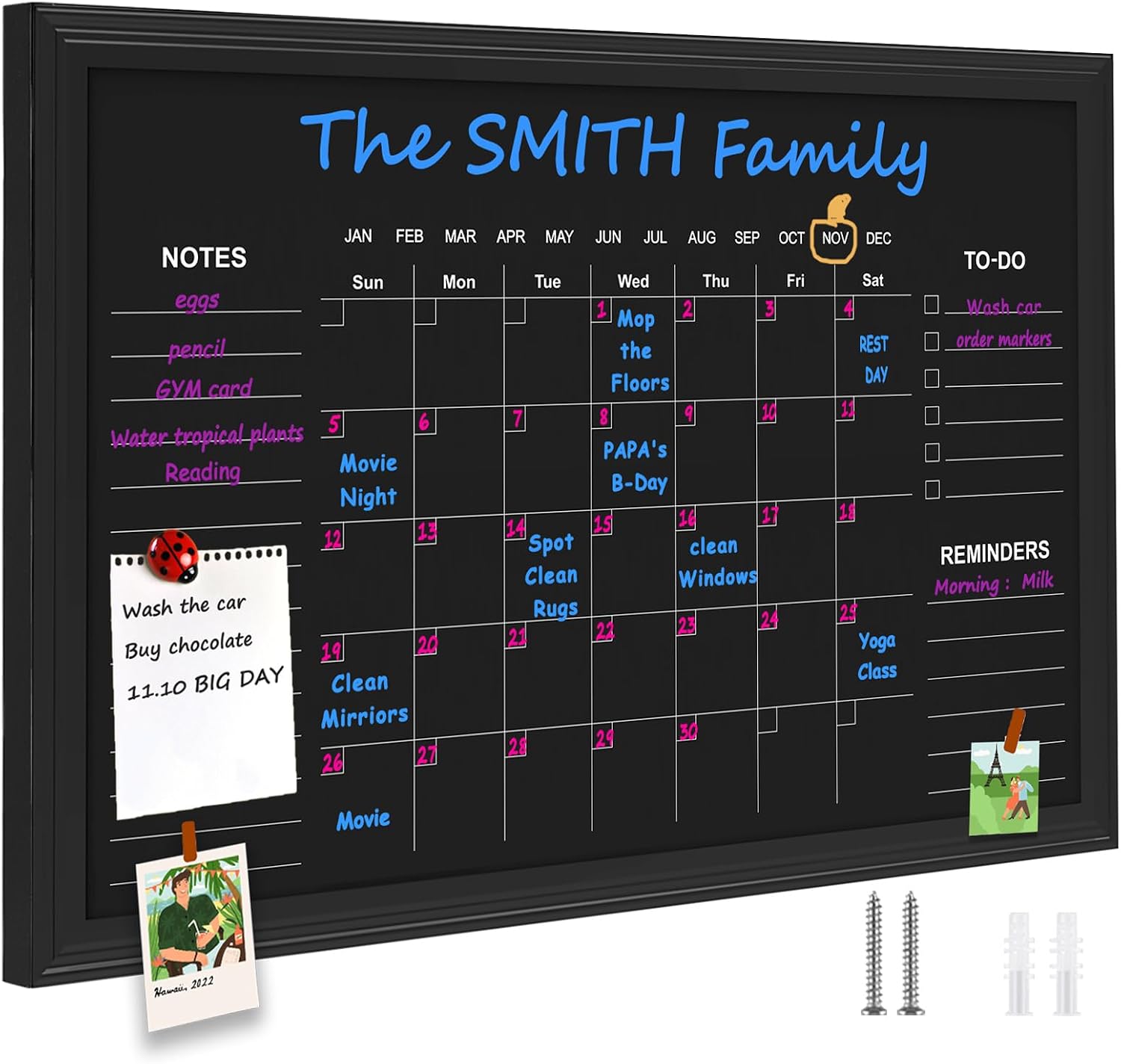 Large Magnetic Chalkboard Calendar,24″ × 36″ Family Planner Chalk Board | Monthly and Weekly Chalkboard, Family Calendar Chalk Board for wall,Magnetic Surface, for Planning,Timetable Memo,Black Frame