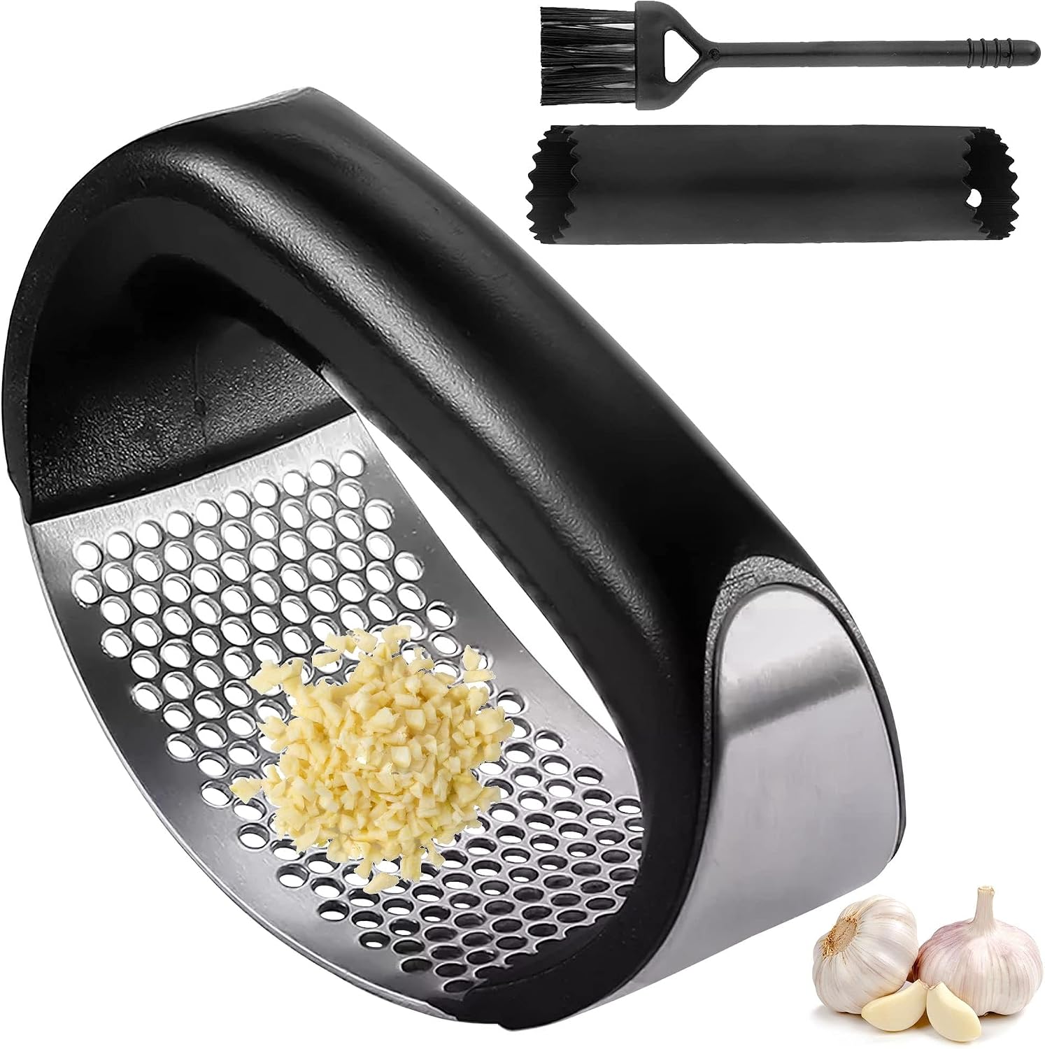 Garlic Press – Dishwasher Steel Safe Garlic Mincer Crusher with Peeler, Brush