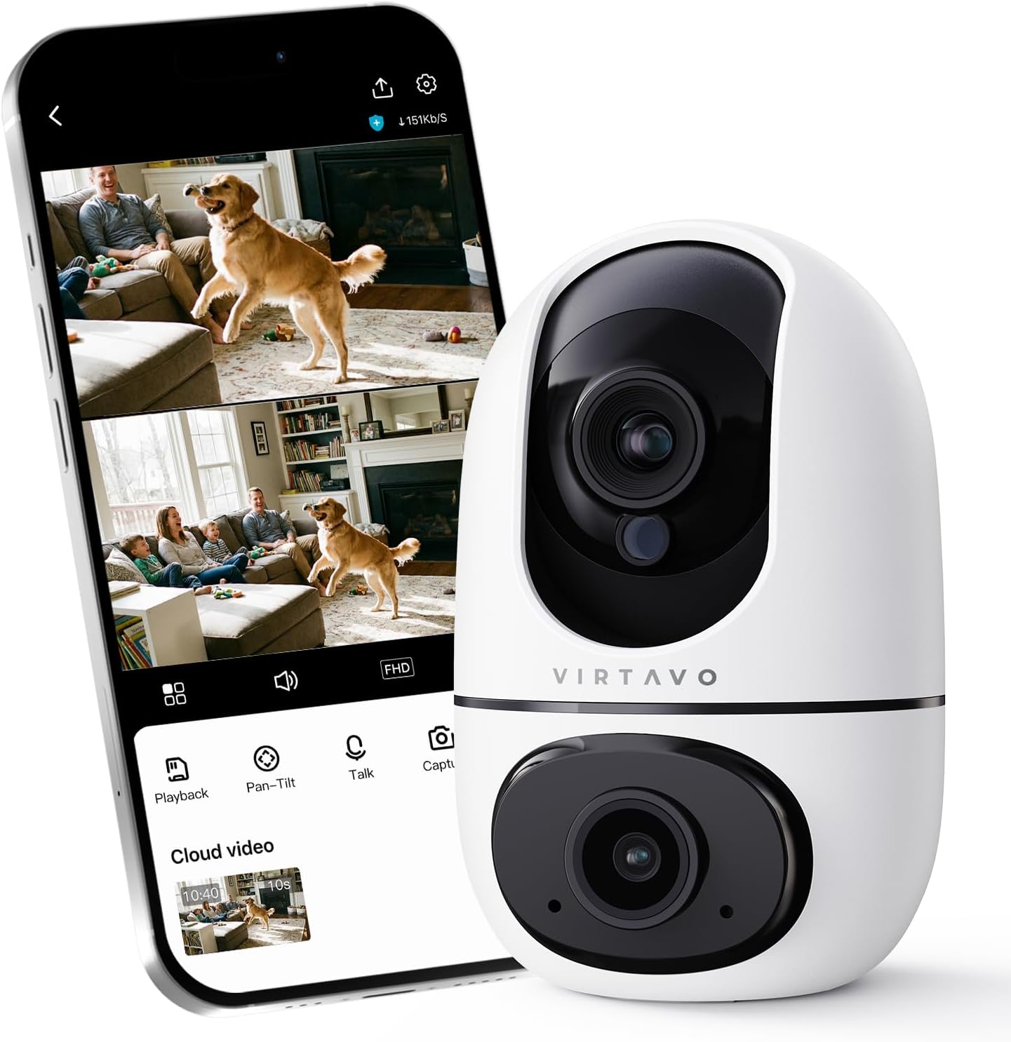 VIRTAVO Pet Camera Indoor No Subscription, Nanny Cam for Dog Cat Baby | 360° PTZ, Dual Lens Dual View, Auto Motion Tracking, 2-Way Audio, Night Vision, Phone App, SD & Cloud, Wired
