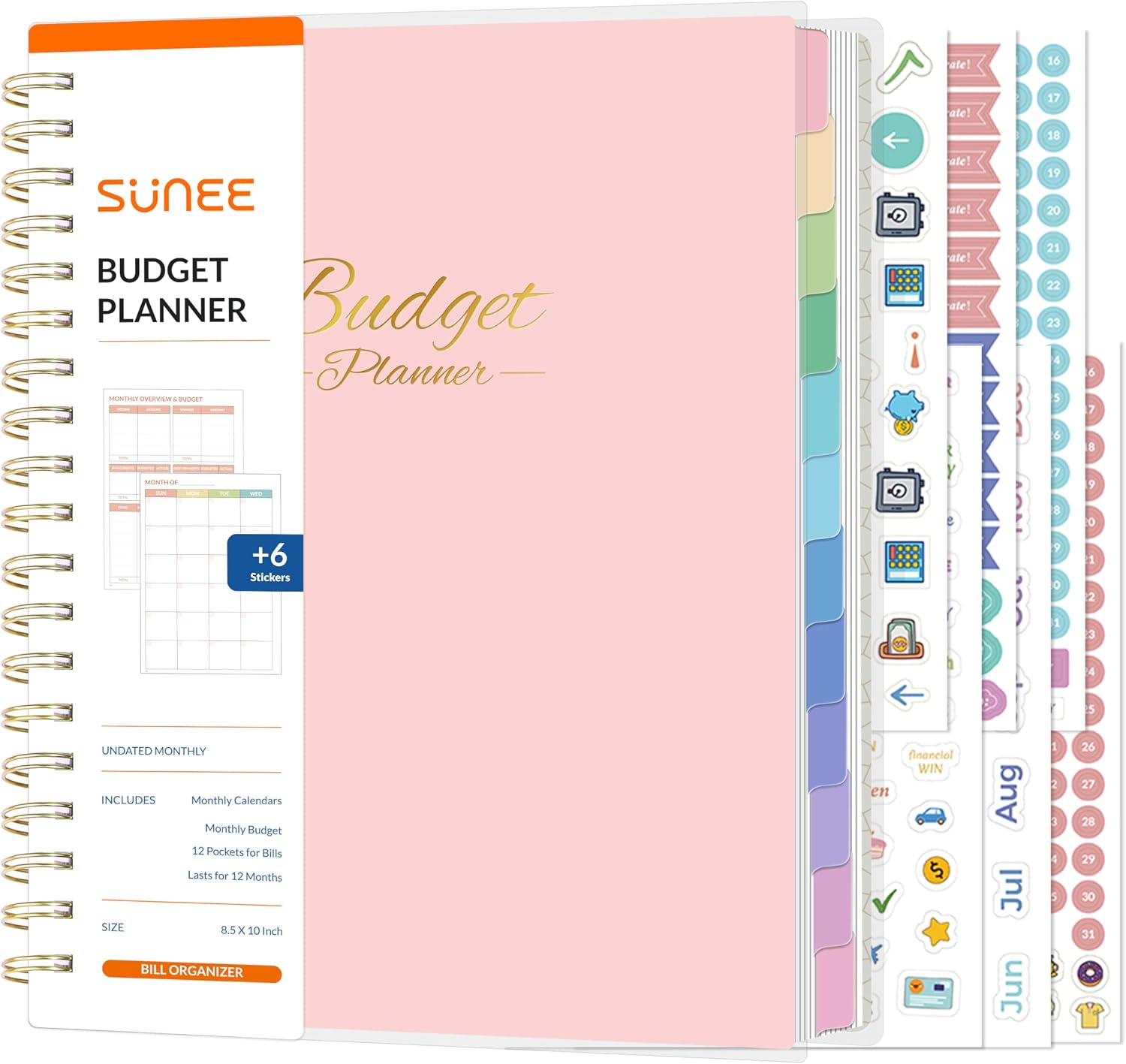 SUNEE Budget Planner – Deluxe Monthly Budget Book with 12-Pockets for Bill Organizer, Undated 12 Month Expense Tracker Notebook & Account Book B5 Size (8″ x 10″) to Manage Your Finance Planner, Pink
