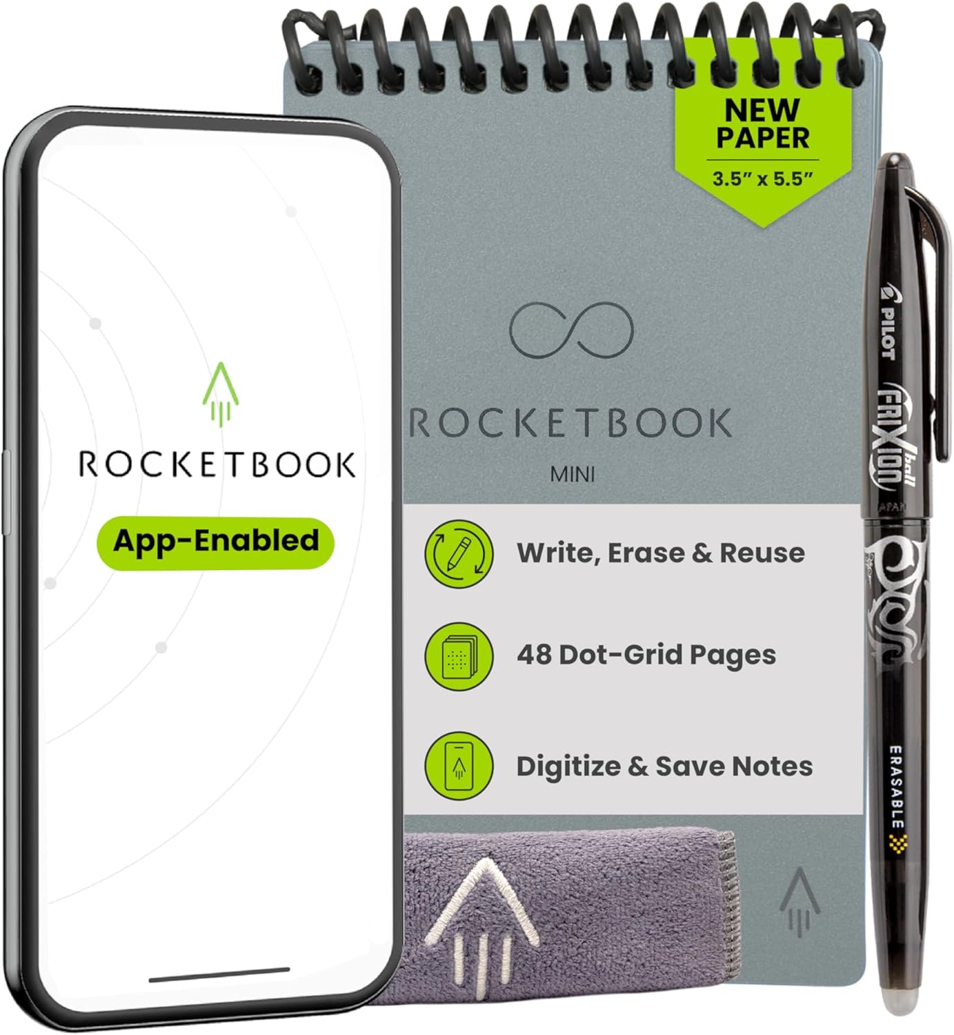 Rocketbook Mini Reusable Smart Notepad, Dotted Pages, 3.5×5.5, Gray | Pocket Size On-The-Go Notebook for Quick Note Taking, Includes Pen and Towel
