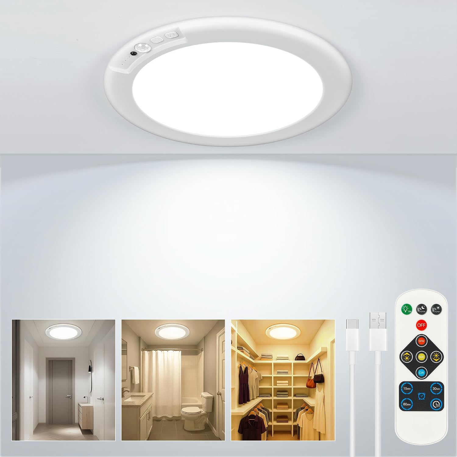Wireless Closet Lights Motion Sensor Rechargeable Ceiling Light Indoor | Battery Operated Led Night Lights for Bedroom with Remote, Living Room Bathroom Home & Kitchen Decor Lighting