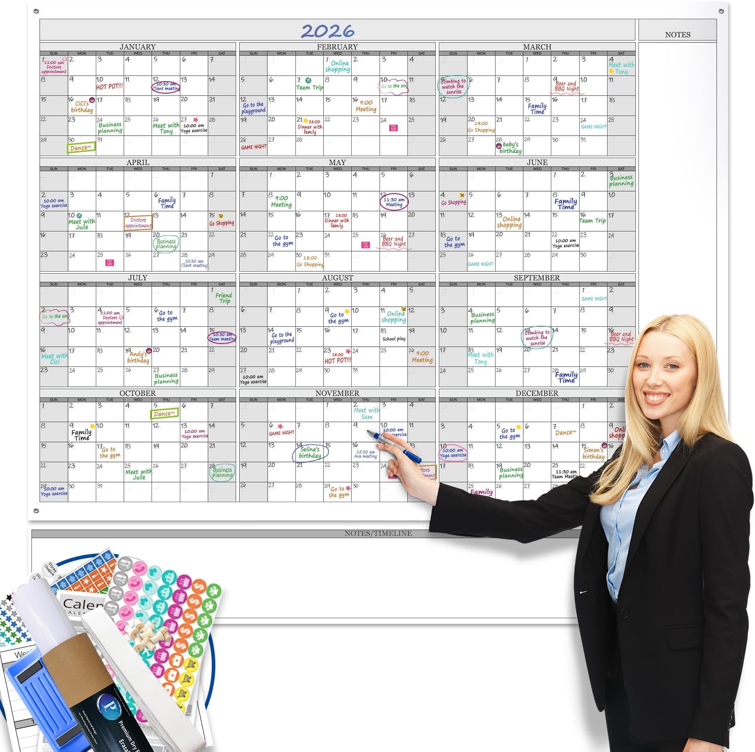 Jumbo Dry Erase Yearly Whiteboard Wall Calendar, 46″ x 63″, Huge 12 Month Laminated Erasable White Board, Giant Annual Family Schedule Planner, Large Undated Reusable Year Poster