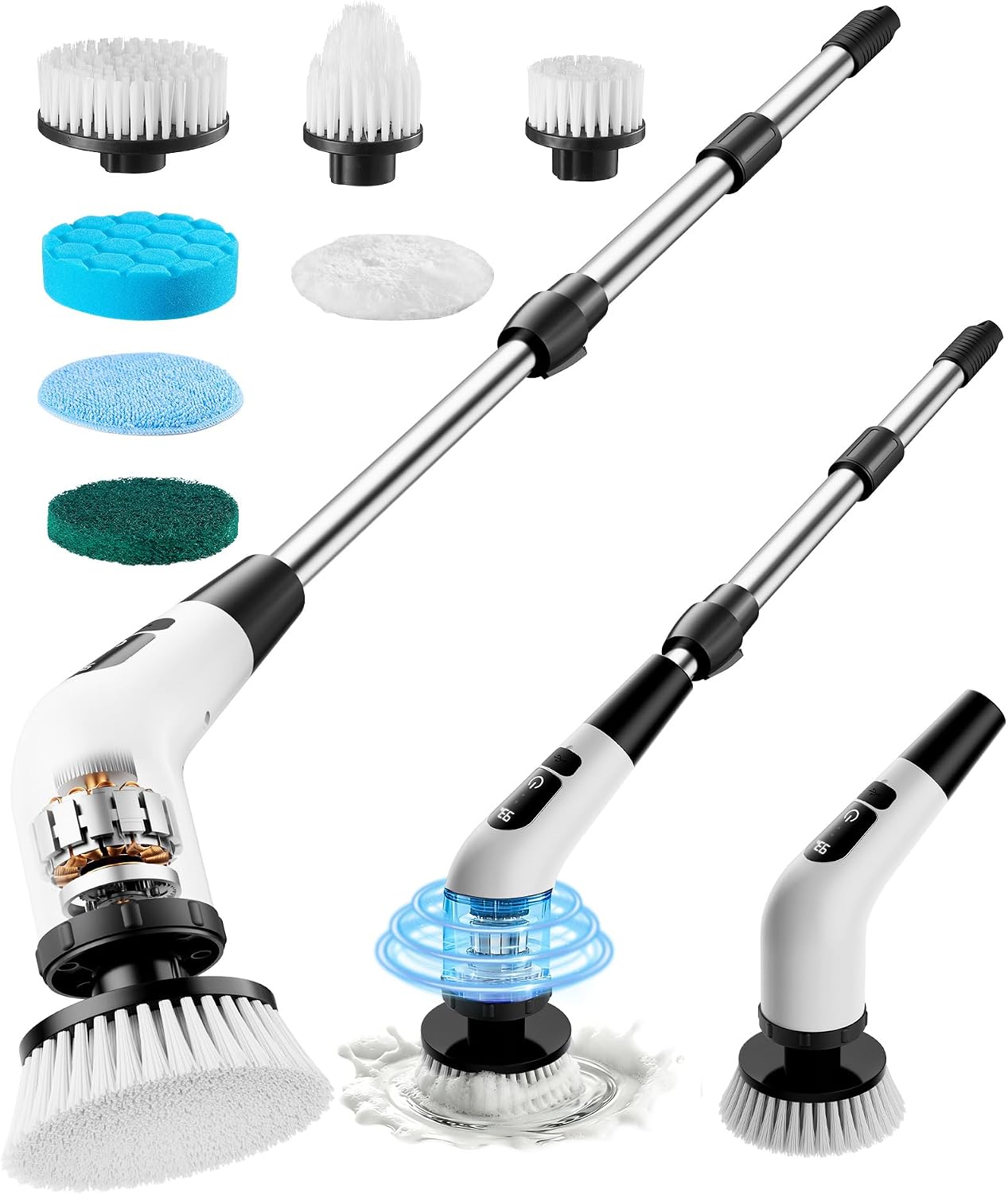 Powerful Electric Spin Scrubber, for Mom, Cordless Cleaning Brush, 90-Min Extended Runtime, Telescopic Long Handle, 8 Replaceable Heads, 2 Speeds for for Bathroom, Tub, Tile, Floor, Grout and Car
