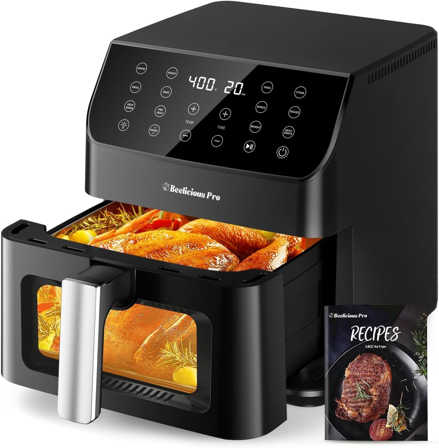 Beelicious Large AirFryer, 12-in-1 Digital Airfryer with Window, Dishwasher Safe, 5.8Qt, 40+ Recipes, Flavor-Lock Tech, Shake Reminder, Compact, Quiet, Nonstick Air Fryers. Black