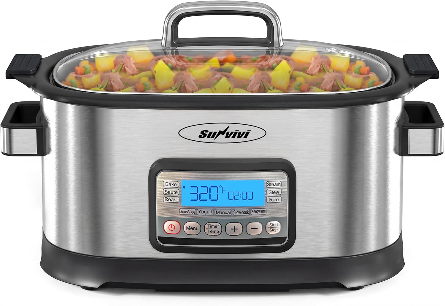 Sunvivi 12-in-1 Programmable Slow Cooker 6.5QT with Timer & Keep Warm | Multicooker with Timer & Temp Control, Dishwasher Safe Lid & Removable Nonstick Crock and Rack, Stainless Steel