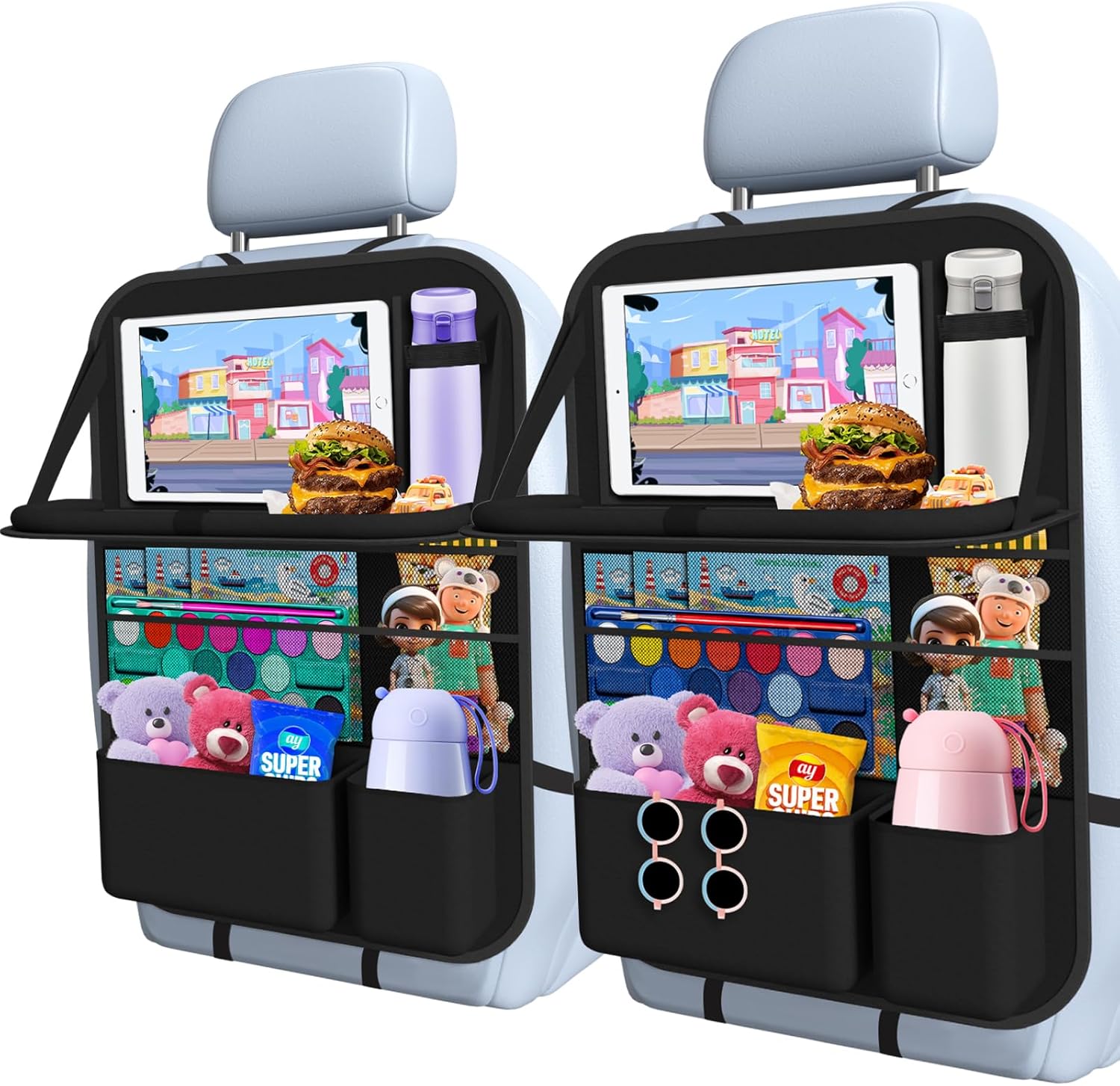 Car Backseat Organizer with Tray, Tablet Holder for Kids Road Trip | 600d Oxford Fabric, Waterproof & Easy-Clean, Foldable Tray Stows Away, Adjustable Straps Fit Car Seats, Multi-Size Pockets