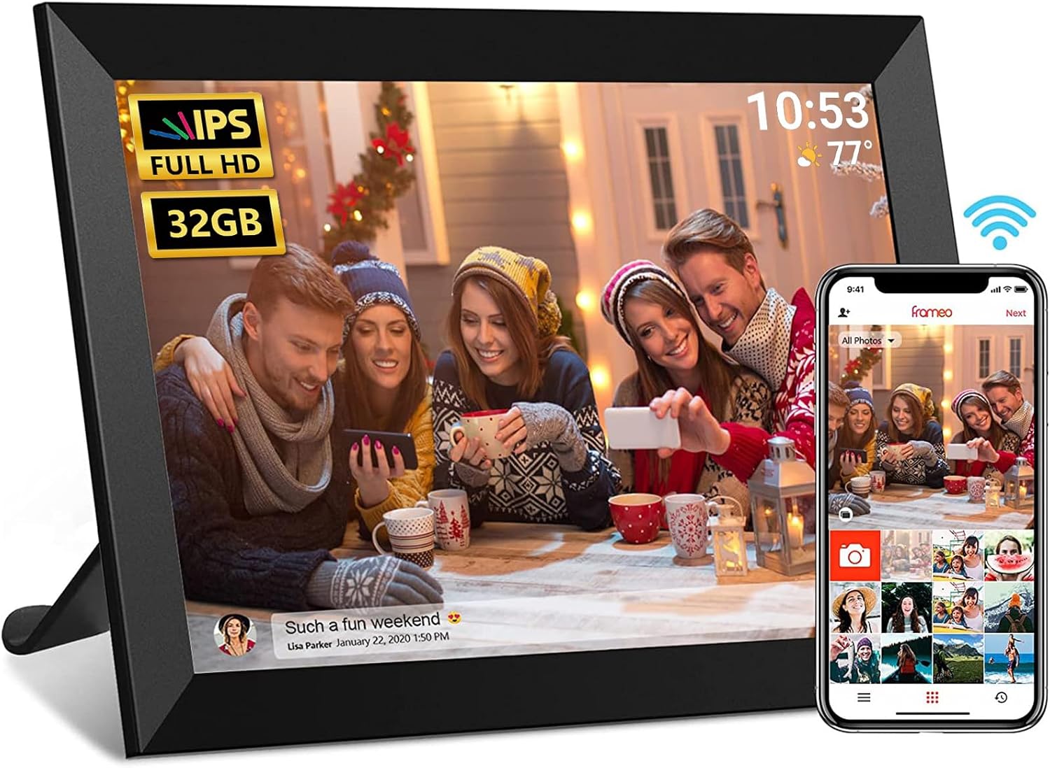 Frameo 10.1 Inch WiFi Digital Photo Frame with Calendar, 32GB Digital Picture Frame with 1280×800 IPS HD Touch Screen, Auto-Rotate Wall Mount, Easy Share Photos/Videos from Phone – Gifts for Mom
