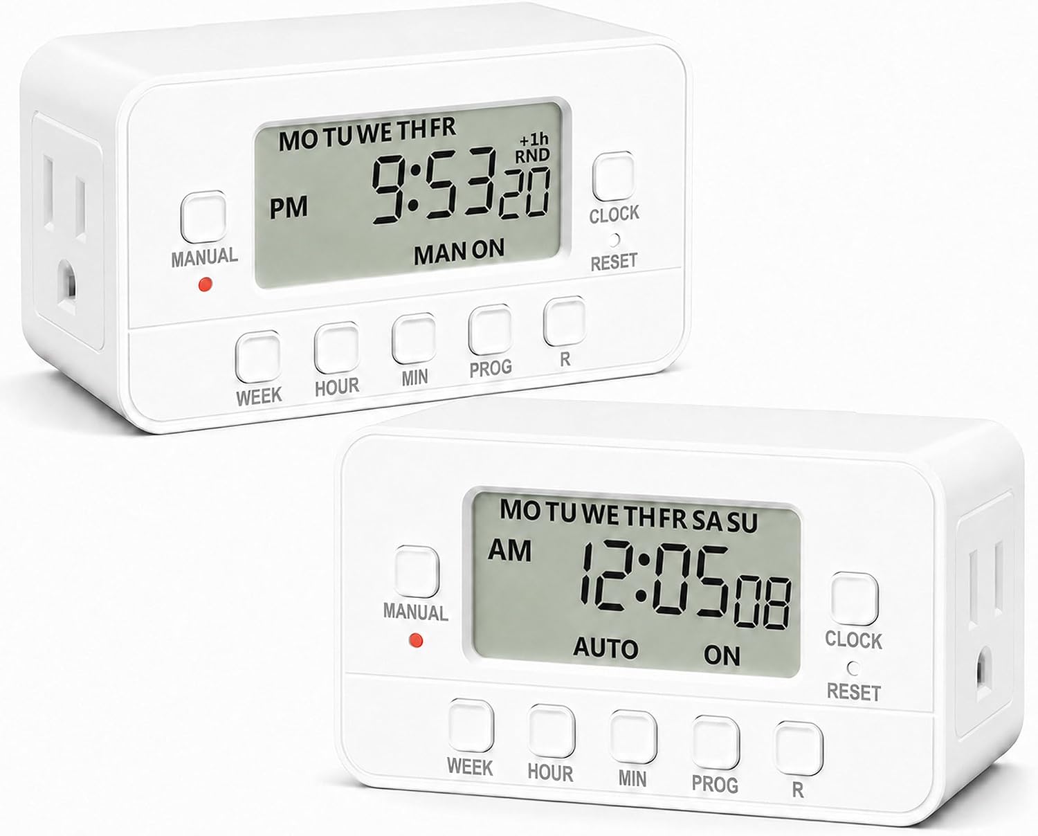 BN-LINK 7-Day Heavy Duty Digital Timer with Dual Outlet, LCD Display, 3-Prong Programmable Design, for Lights, Fans, Coffee Machine, Home, Office, Indoor Use, 125V 15A 1875W, 2 Pack | in Timer, 8 ON/OFF Programs, 3 Prong Dual Outlets for Lamps, Fans, Coffee Maker, Vacation Mode, ETL Listed, 15A/1875W, 2 Pack