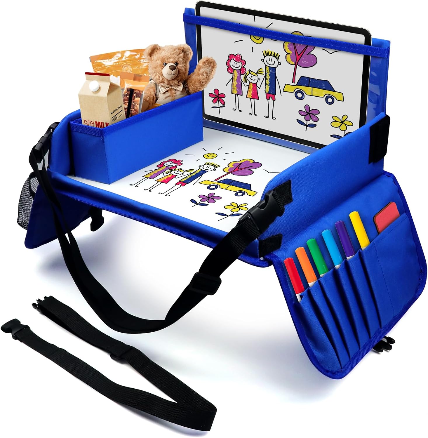 Travel Tray for Kids, Carseat Table Tray for Road Trip Activities, Toddler Lap Desk Organizer for Airplane – Blue