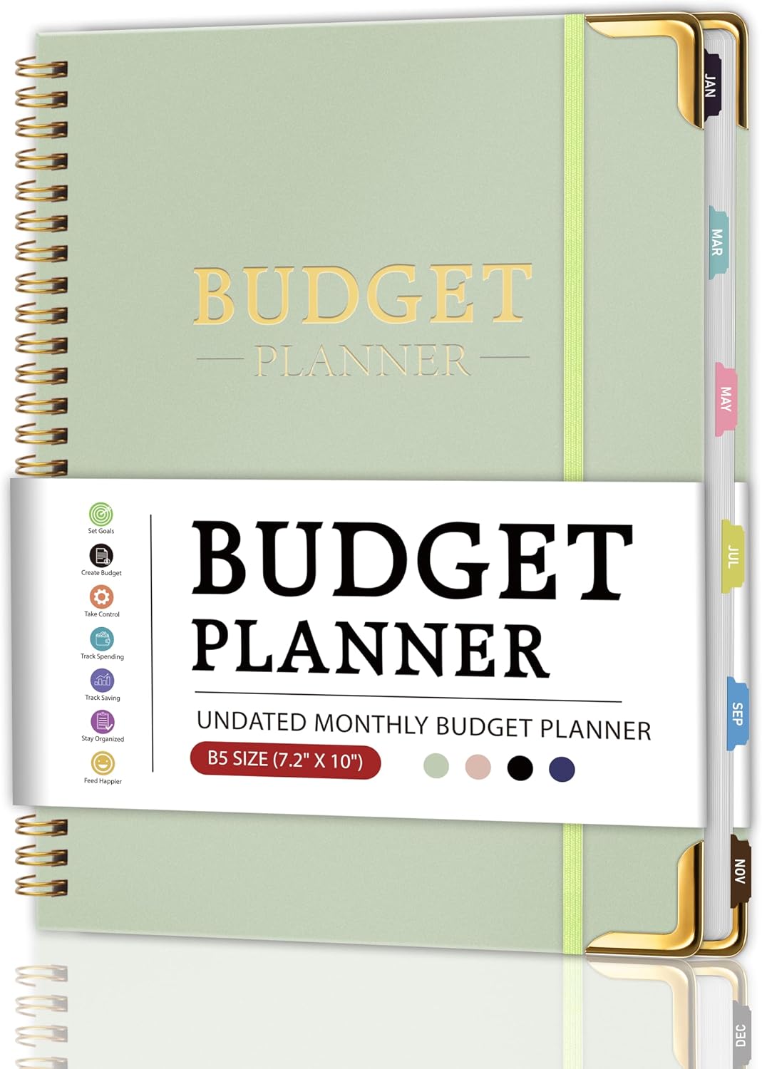 Budget Planner – Monthly Budget Book with Expense Tracker Notebook, B5 | 7.2″ x 10″, Undated Financial Planner ＆ Monthly Bill Organizer with Tab Stickers, Manages Your Money Effectively, Green