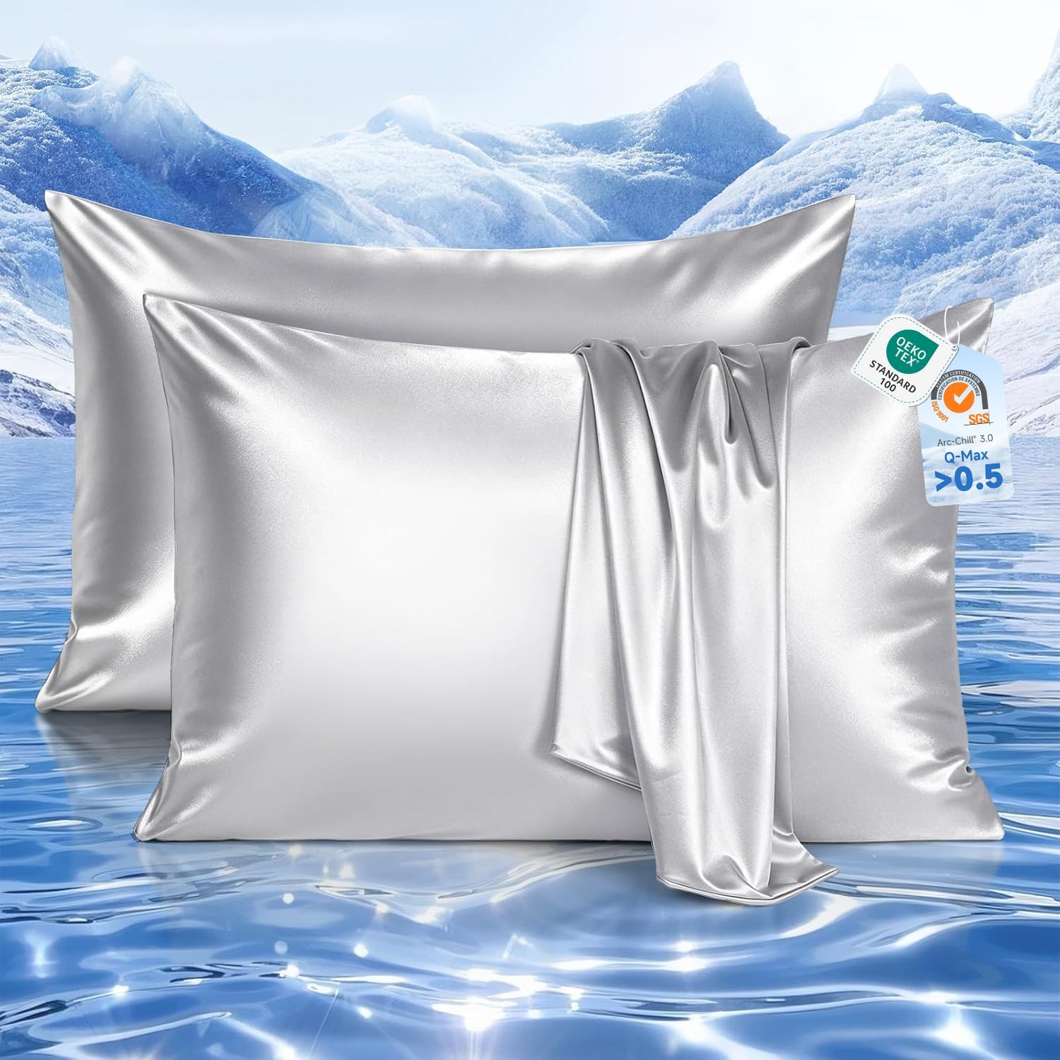 Elegear Cooling Pillow Cases Set of 2 for Hot Sleepers, Softer Than Silk Pillow Cases for Hair & Skin,Upgraded Arc-Chill Cooling Satin Pillowcases Q-max>0.5, Luxury Zipper Pillowcase Cover -Queen,Gray