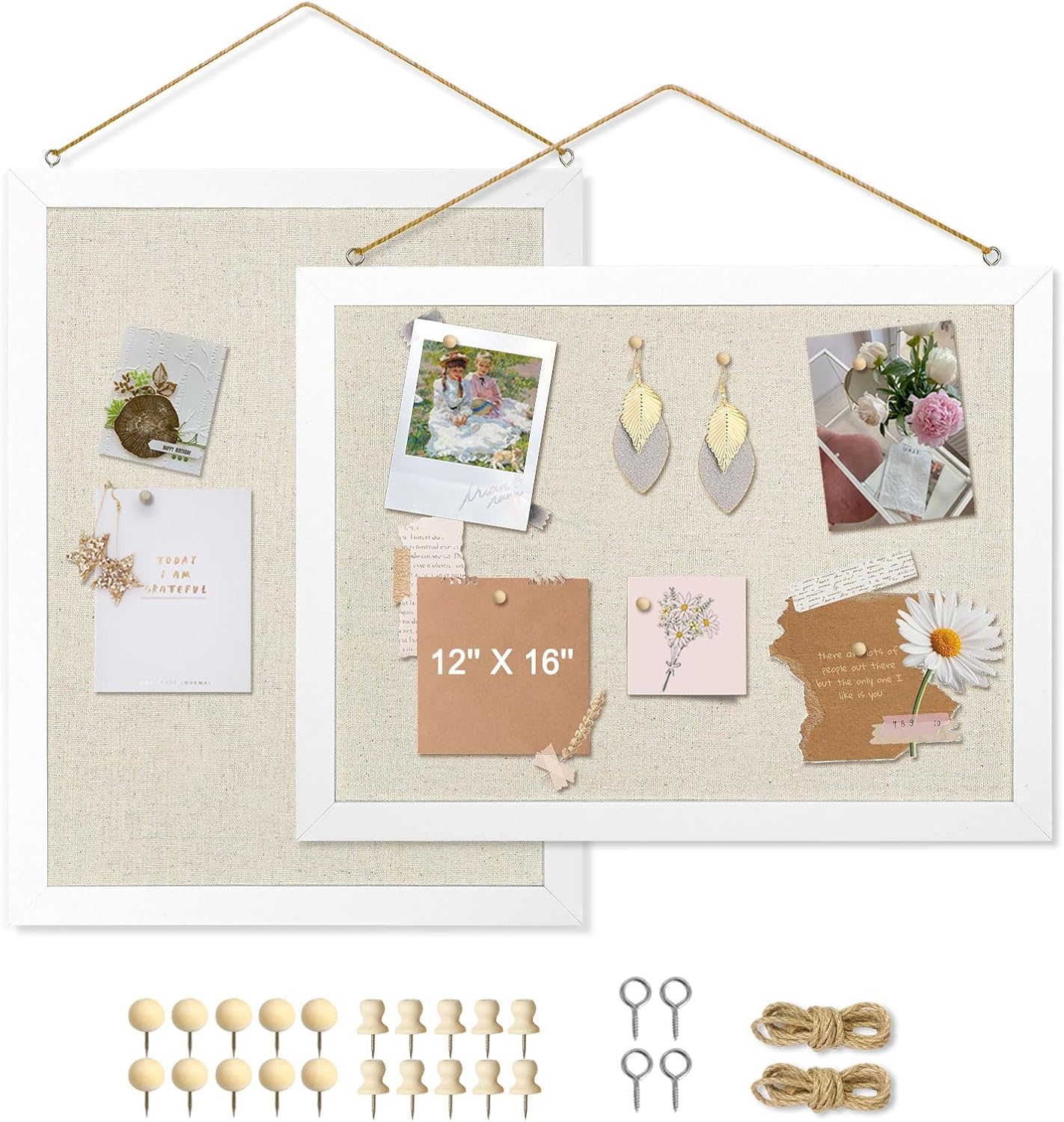2-Pack Double-Sided Wood Framed Cork Board with Linen, 16″ x 12″ | Hanging Bulletin Board, Picture Display Vision Board Kit Corkboards for Wall Room School Office Decor, 20 Pushpins (Beige)