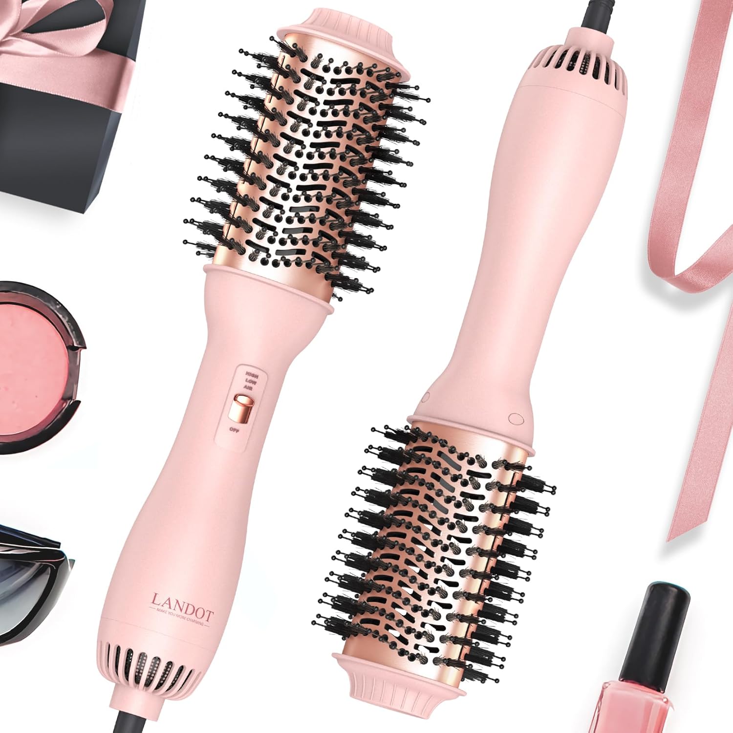 LANDOT Hair Blow Dryer Brush, One-Step Hot Air Volumizer for Smooth Blowout | 1000W Fast Drying, Anti-Frizz Ionic, Ceramic Titanium Barrel, 3 Heat/2 Speed Settings, All Hair Types, Salon Results at Home
