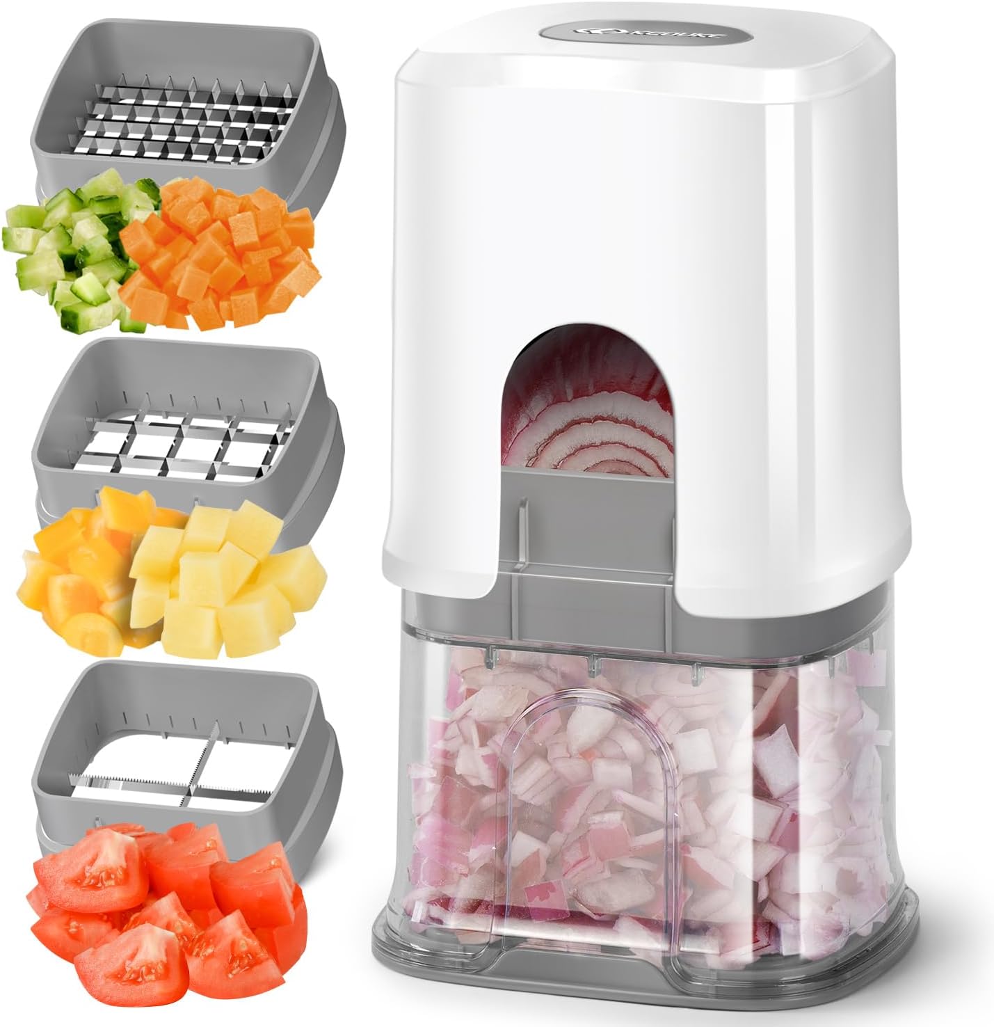 KEOUKE Multifunctional Vegetable Chopper White – 3 Interchangeable Blades Potato French Fry Cutter with Container & Storage Box Food Chopper Dicer for Cucumber, Tomato, Carrot, Onion