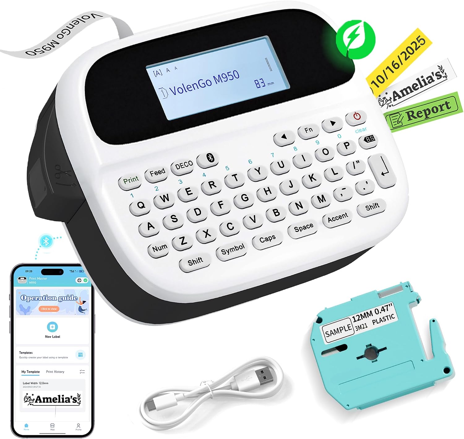 Label Maker Machine with Tape, Rechargeable Label Maker Waterproof Labels | Backlit Bluetooth Labeler, VolenGo M950 12mm Portable Label Printer, Home Office School Use, Removable Freezer Labels for Jar