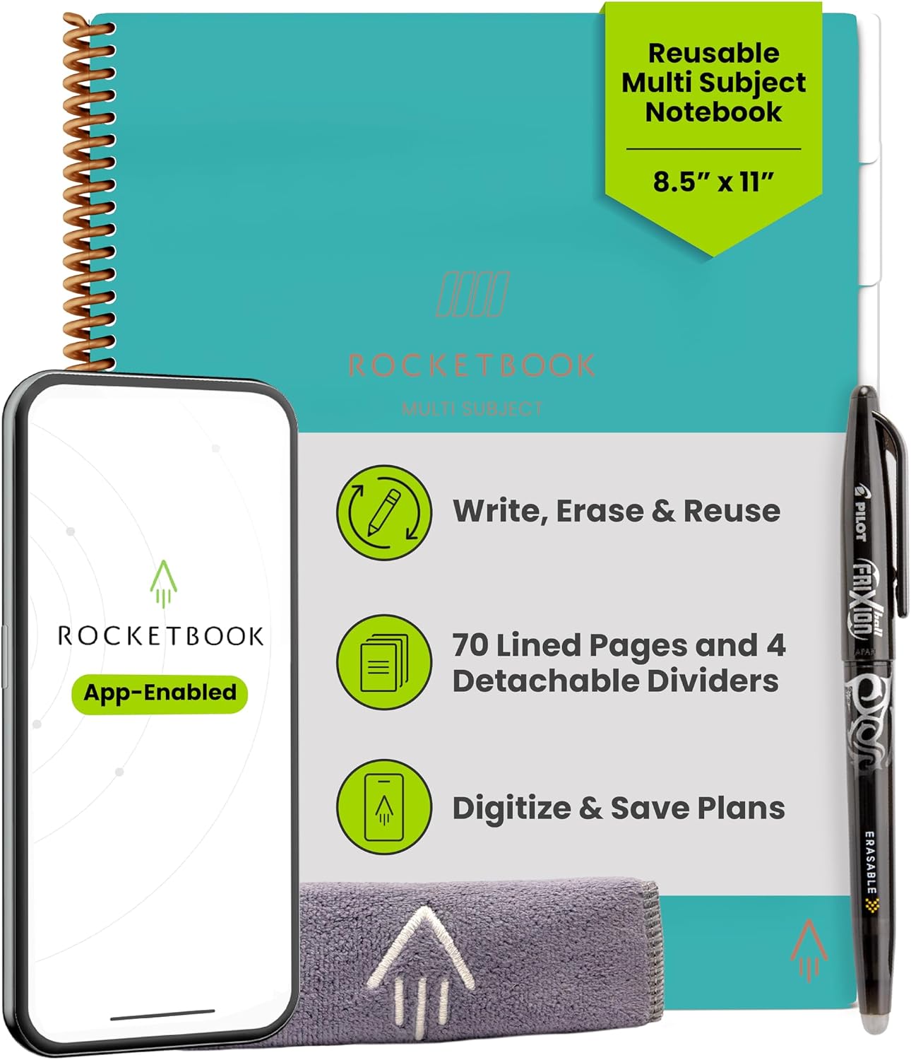 Rocketbook Multi-Subject Reusable Smart Notebook, Letter 8.5×11, Teal | 70 Lined Pages, 4 Adjustable Dividers for Organize Classes, Projects and Notes