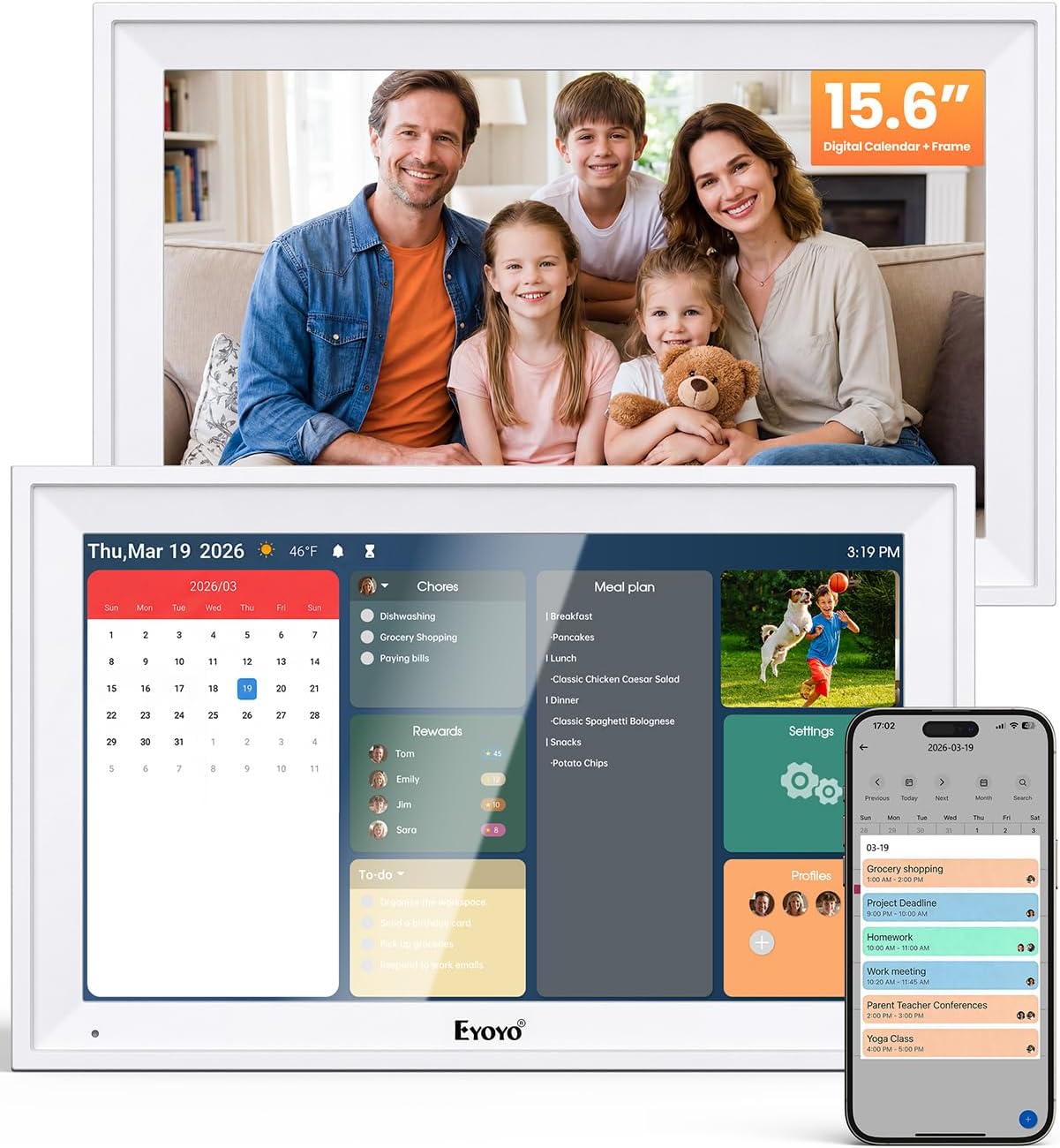 15.6″ Digital Calendar Wall Planner – Eyoyo Smart Family Command Center | Chore Chart Touchscreen, 64G Storage, WiFi Real-Time Sync Auto-Dimming Display for Kids Routine, Seniors Memory
