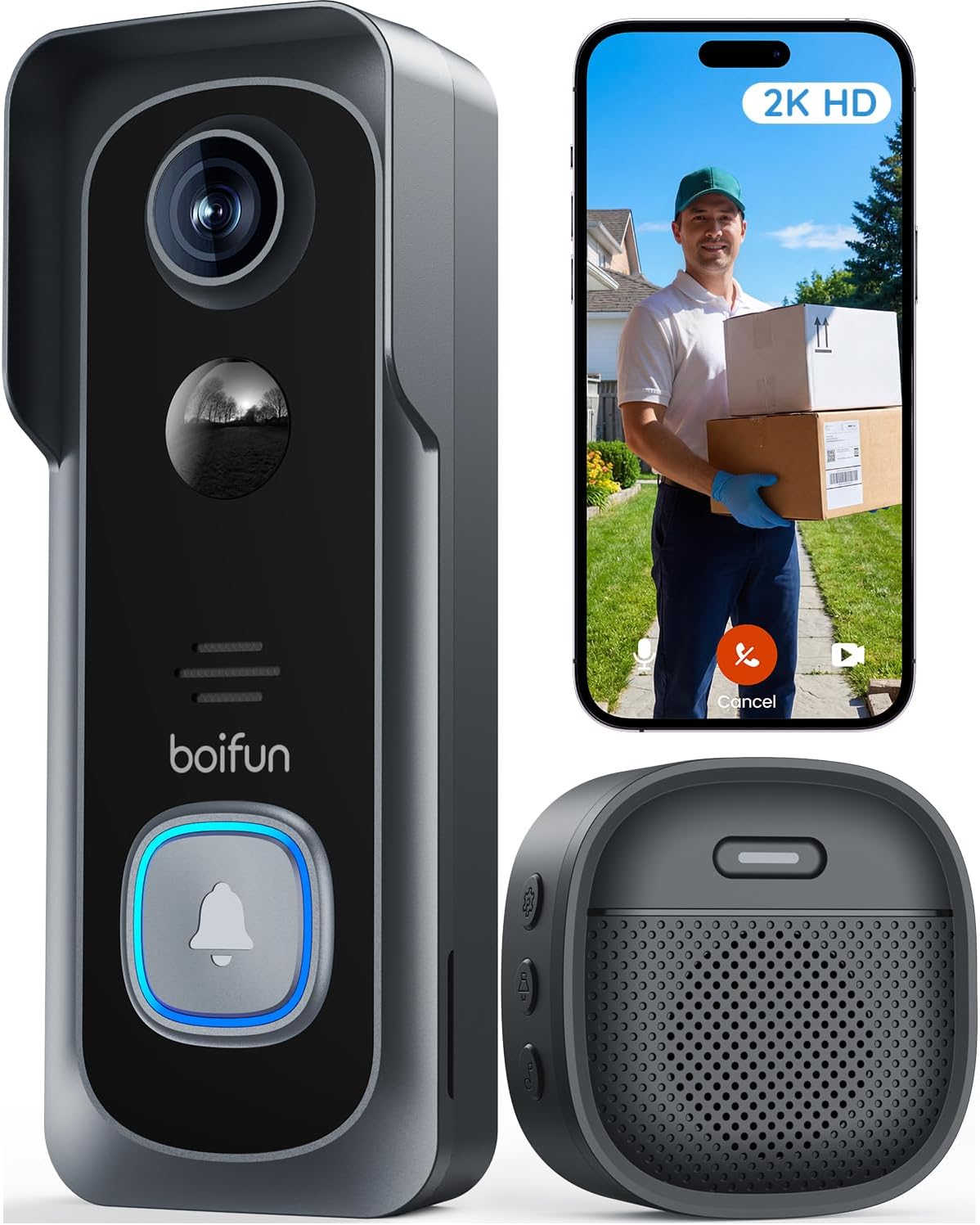 BOIFUN Video Doorbell Camera Wireless – No Subscription Required, 2K HD | 166° Wide View, HDR Night Vision, Motion Alerts, Two‑Way Audio & Battery Video Doorbell with Chime, 2.4 GHz Wi‑Fi Only