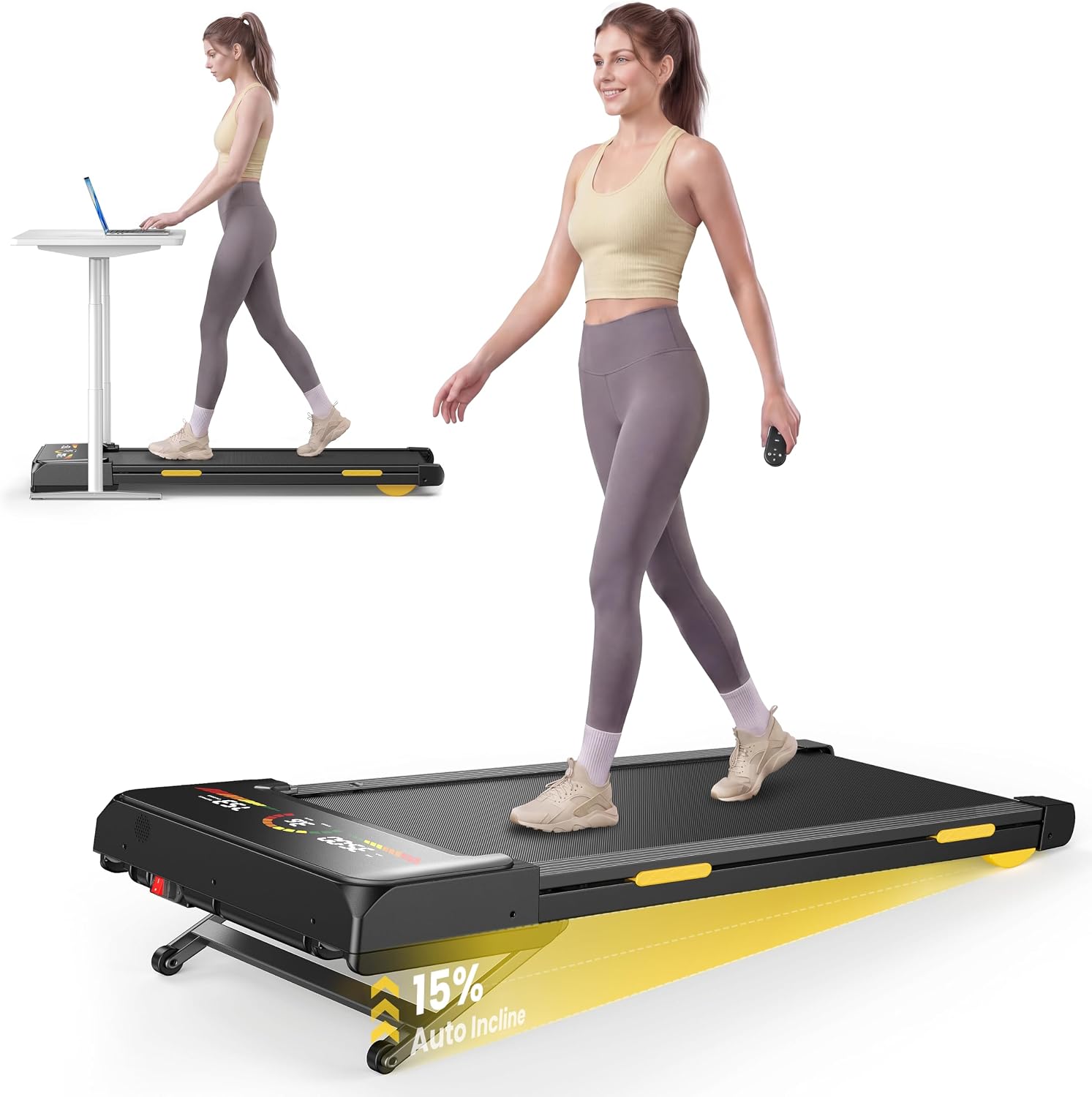 TOPUTURE Walking Pad Treadmill with 15% 15-Level Auto Incline, 3.0HP Quiet Brushless Under Desk Treadmill, Compact Treadmills for Home/Office, RGB LED Screen, Bluetooth Speaker, Remote/App Control