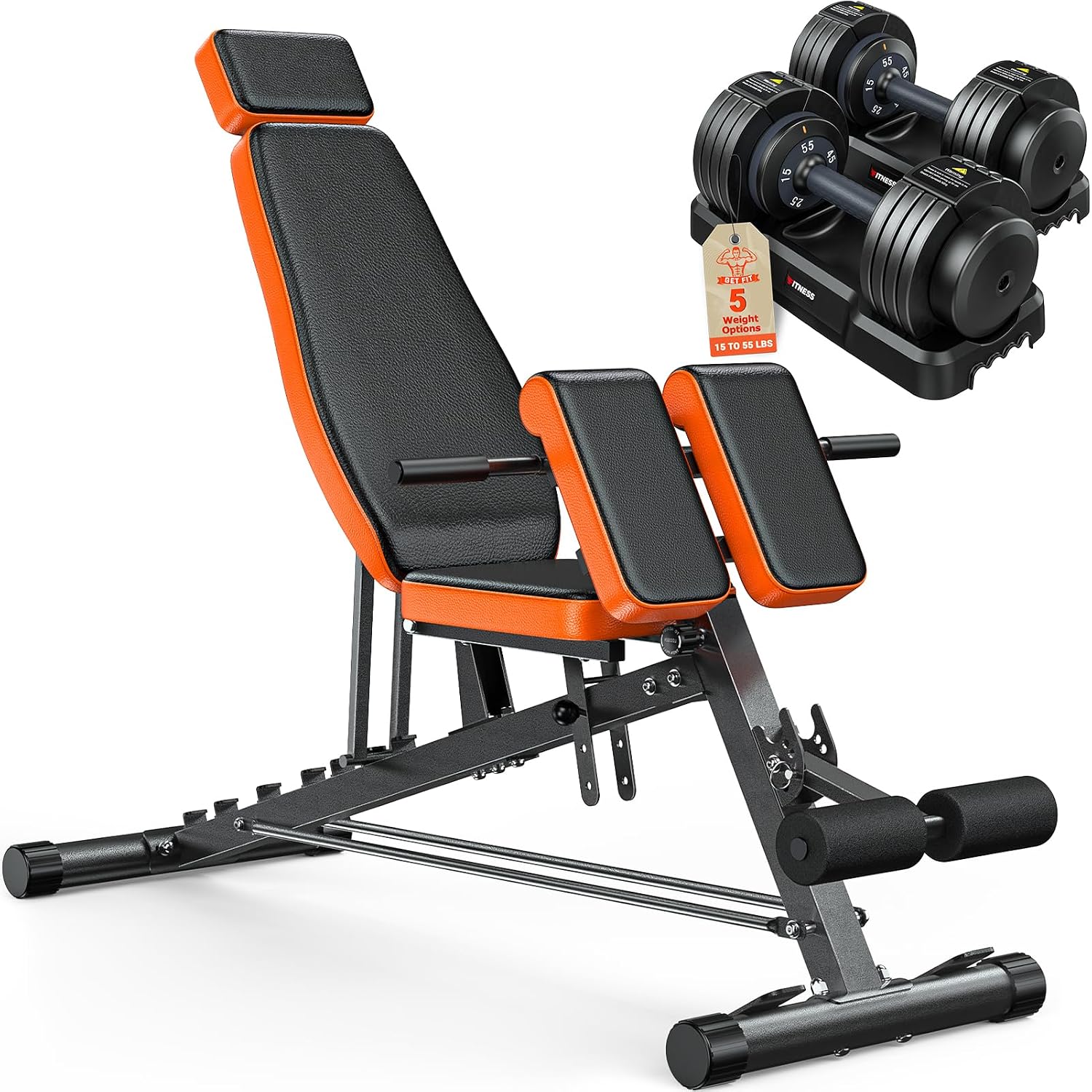 Rendpas Adjustable Dumbbell Set with 1000lbs Roman Chair for Home Gym | 55/80 Lb Dumbbells, Non-Slip Handle, Full-Body Strength, Hyperextension, Core Training, Compact Storage, Stable Frame