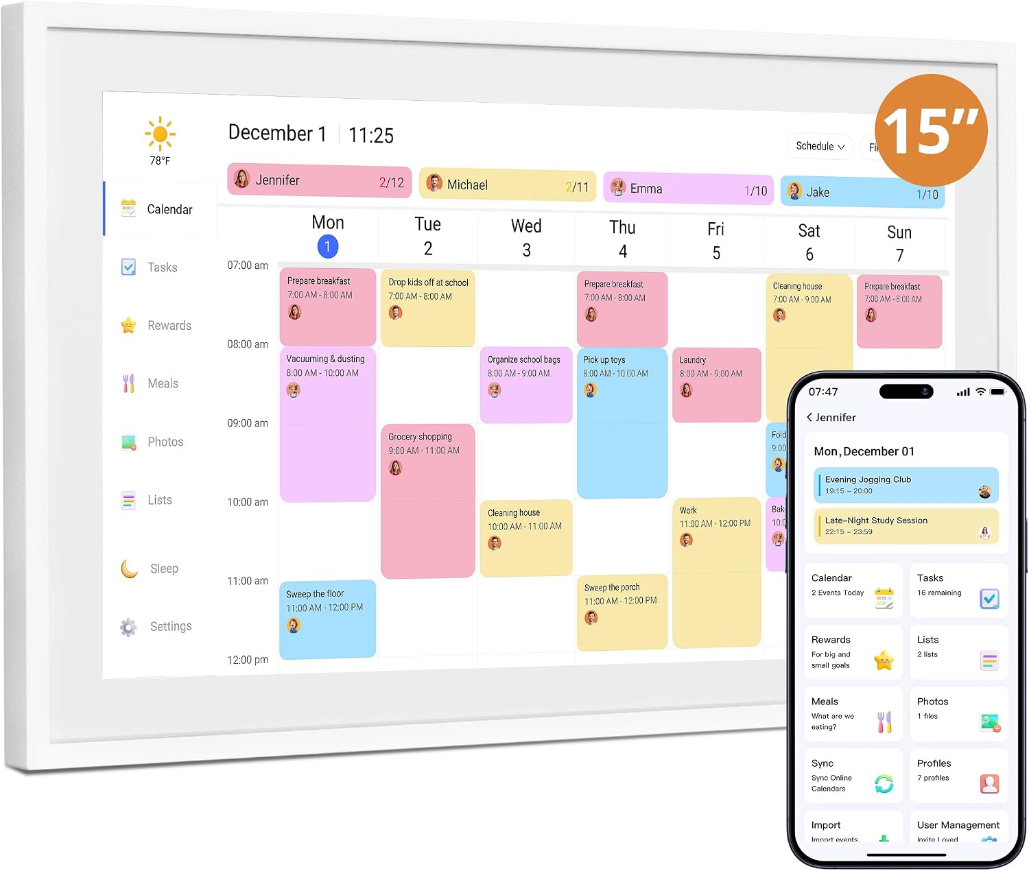 Dragon Touch Digital Wall Calendar 15 Inch Touch Screen, Electronic Desk Calendar and Chore Chart for Family Kids Monthly/Weekly Planner, Interactive Touchscreen Display Smart Calender for Home Organization