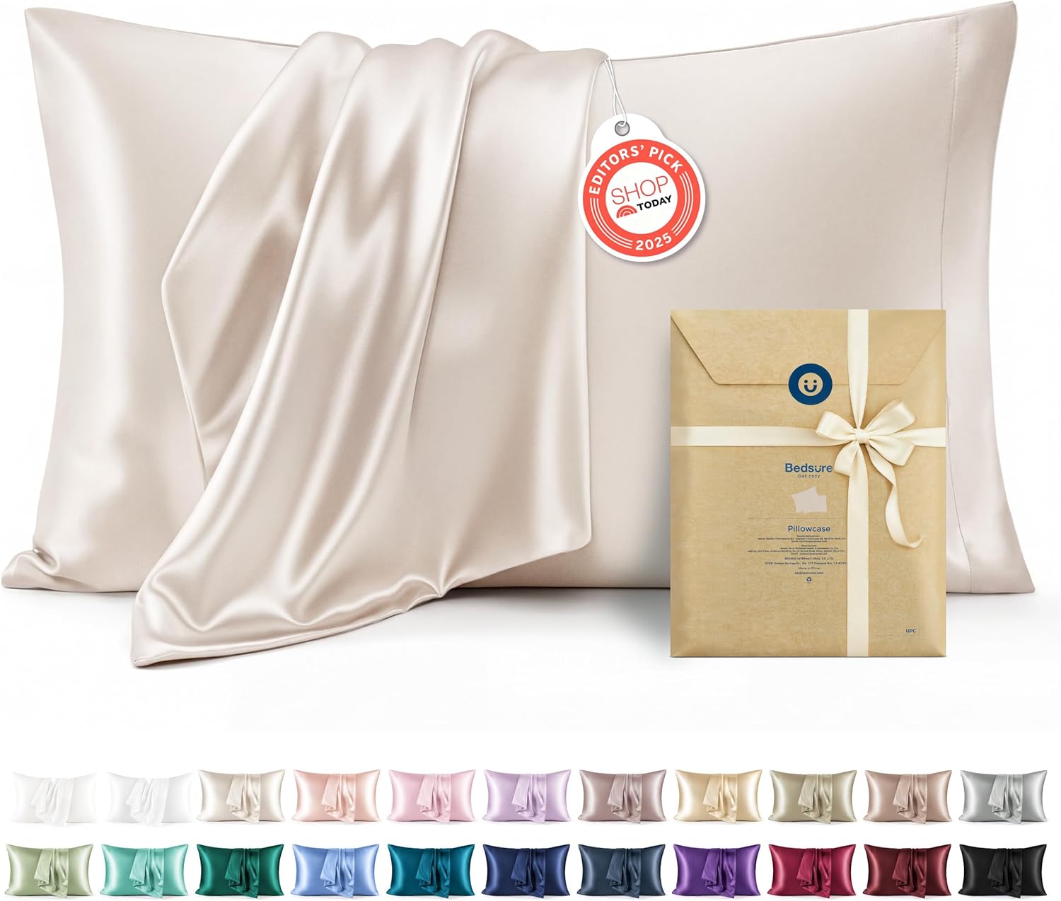 Bedsure Satin Pillowcases Queen Set of 2, Similar to Silk Pillow Case Beige | Reduces Hair Frizz & Skin Friction, Decorative Covers, Room Decor, Gifts for Women Men, Envelope Closure, Cooling, 20″ x 30″