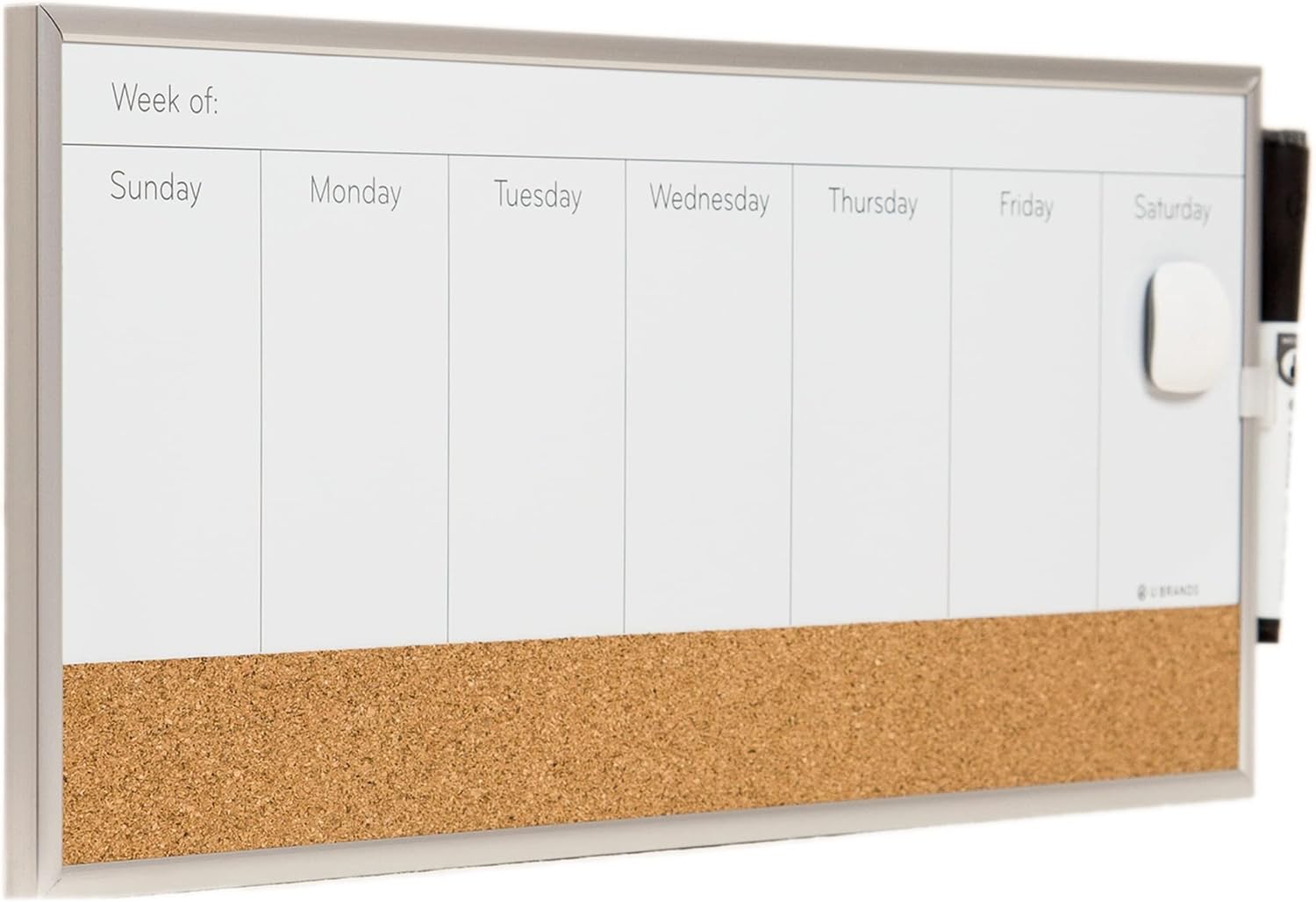 U Brands Magnetic Dry Erase Weekly Calendar White Board With Cork Strip, 18″ x 7.5″, Silver Aluminum Frame, Includes Magnet, Marker