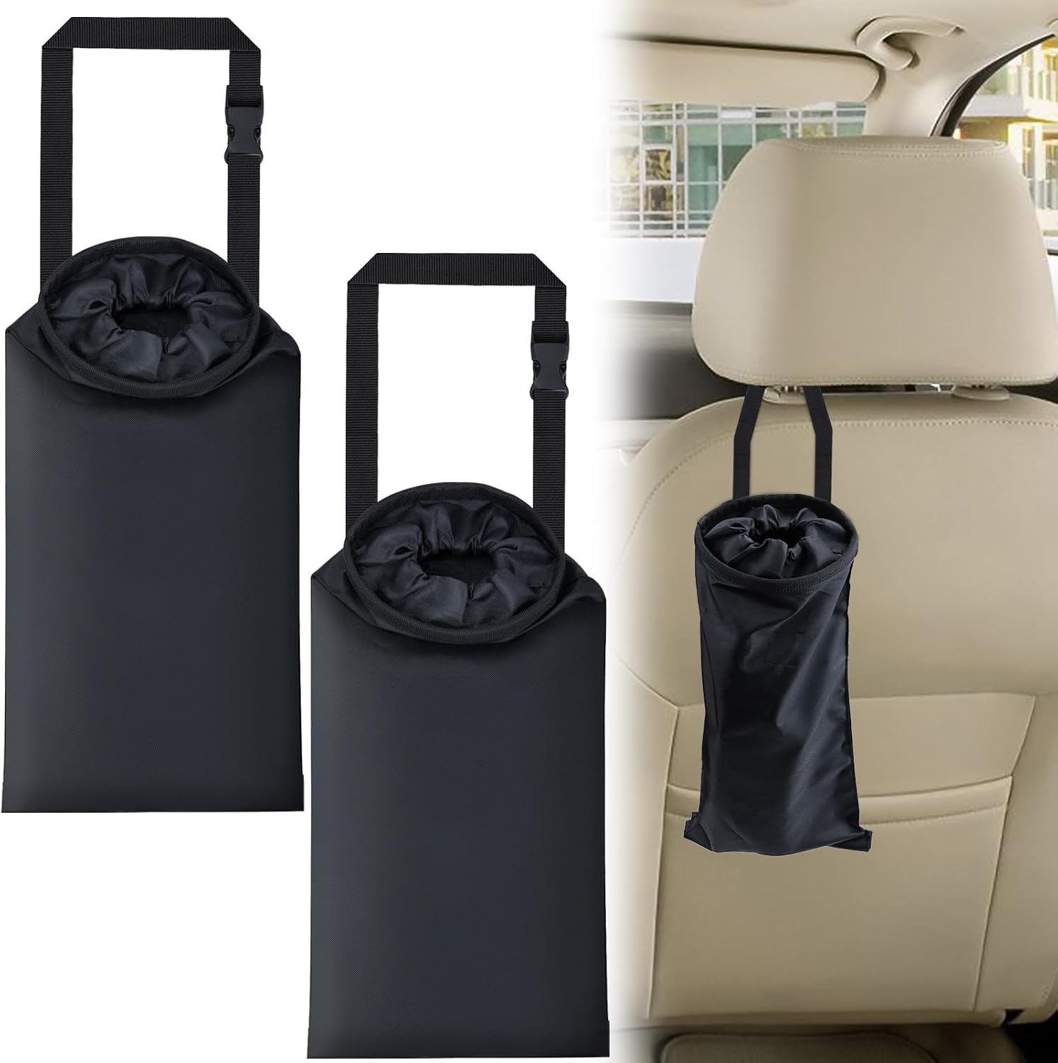 ecocstm 2 PCS Car Trash Bags, Car Accessories Washable Garbage Bag Hanging | Detachable Trash Can with Top Elastic Vent & Sticky Strap Bottom Opening, Seat Back Tash Bag for Cars,Travelling,Outdoor