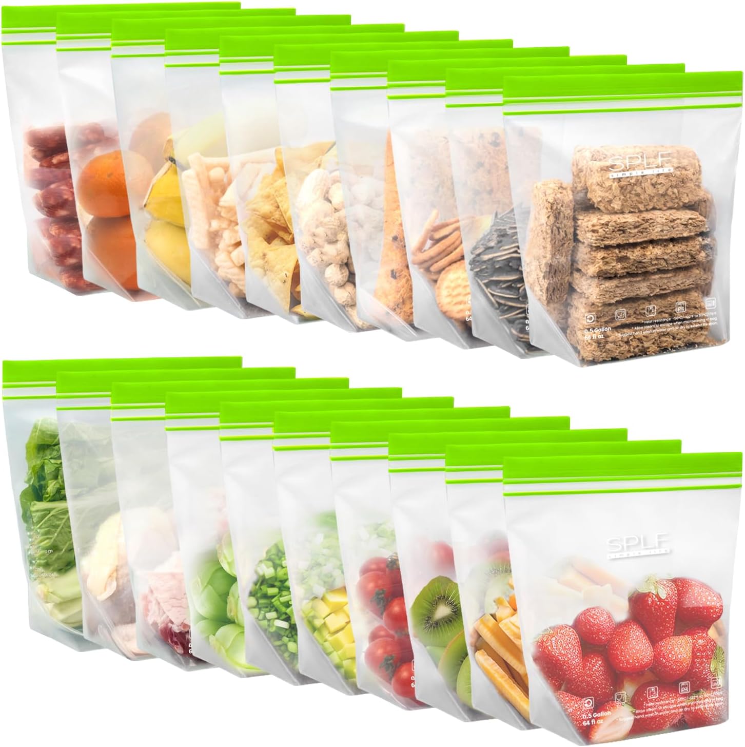 SPLF 20 Pack Reusable Half Gallon Freezer Bags Dishwasher Microwave Safe | 1/2 Gallon BPA Free Leakproof Food Storage Bags, Silicone Free Containers for Meal Prep, Fridge Kitchen Organization