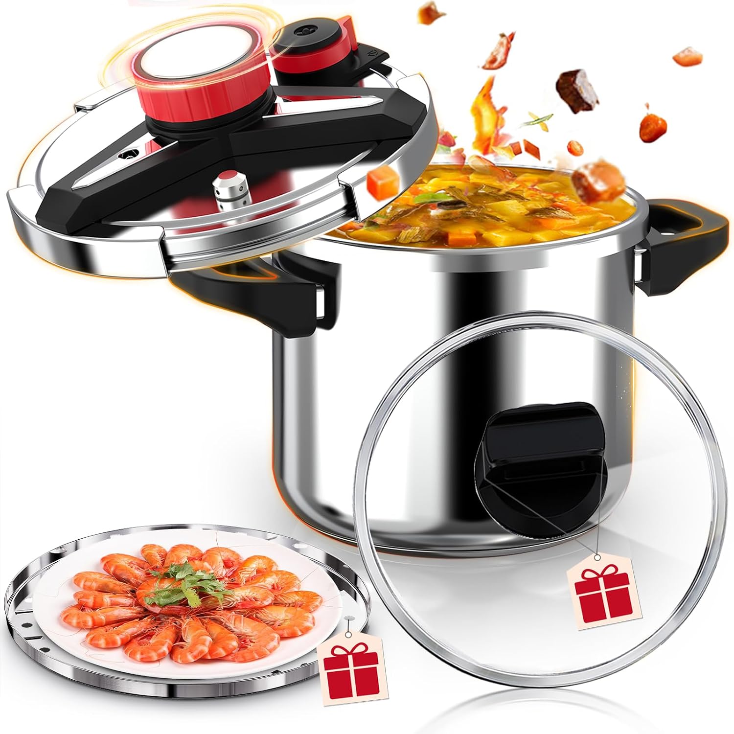 [3-IN-1] 18/8 Stainless Steel Pressure Cooker 6 Quart [Save 70% of time ] | [One-Hand Locking] Olla de Presion, Includes Glass Lid & Steamer, Induction Compatible, Gas Stovetop Compatible