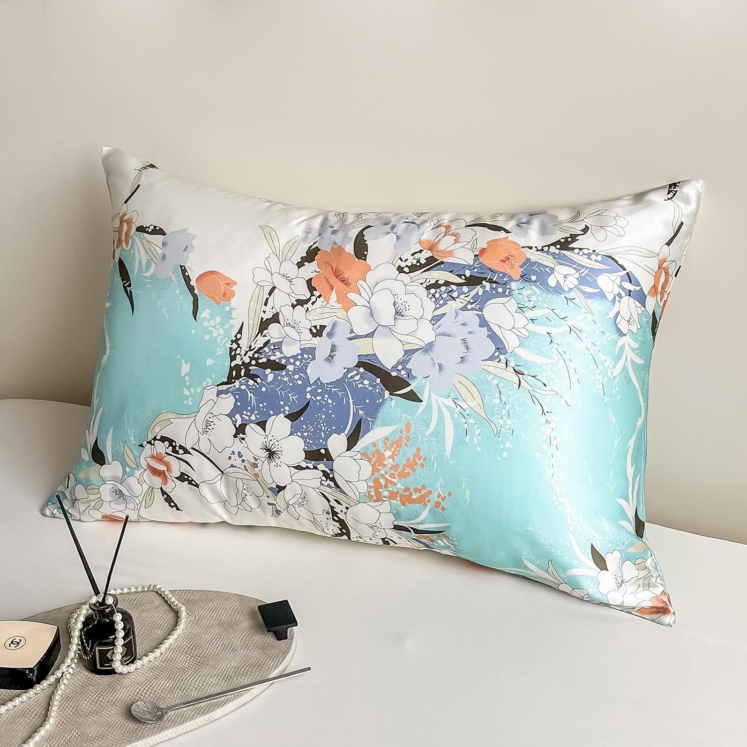 100% Pure Mulberry Silk Pillowcase Standard Size for Hair and Skin,Real Silk Pillow Cases with Zipper,Soft and Cooling,Both Sides Natural Slip Silk,Floral Print,1pc(20″x26″, Pattern2)