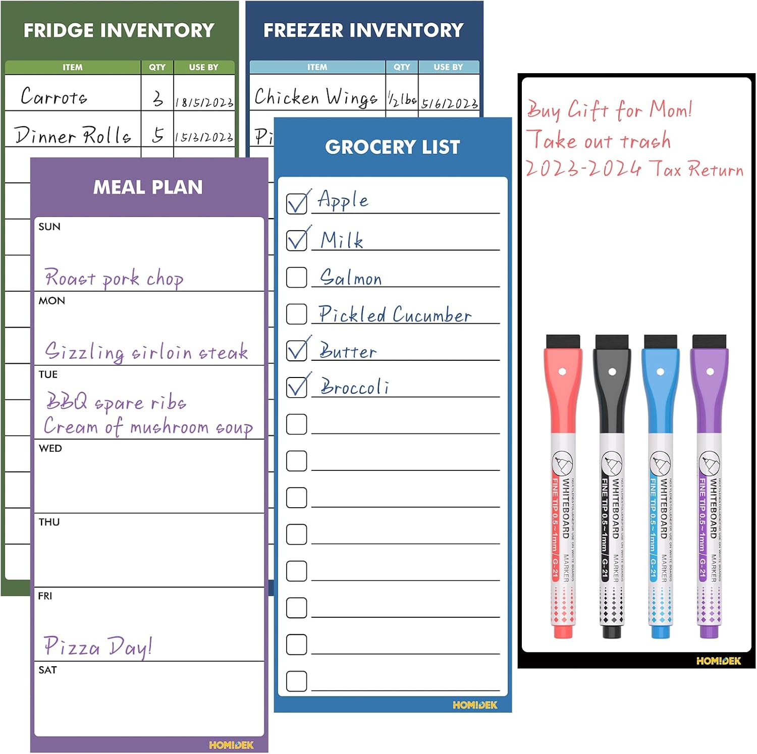 Magnetic White Board for Fridge – Dry Erase Meal Planner for Refrigerator – Weekly Menu Board, Grocery List, Memo Pad, Fridge and Freezer Inventory List – Kitchen Whiteboard with 4 Markers – 4″ x 10″