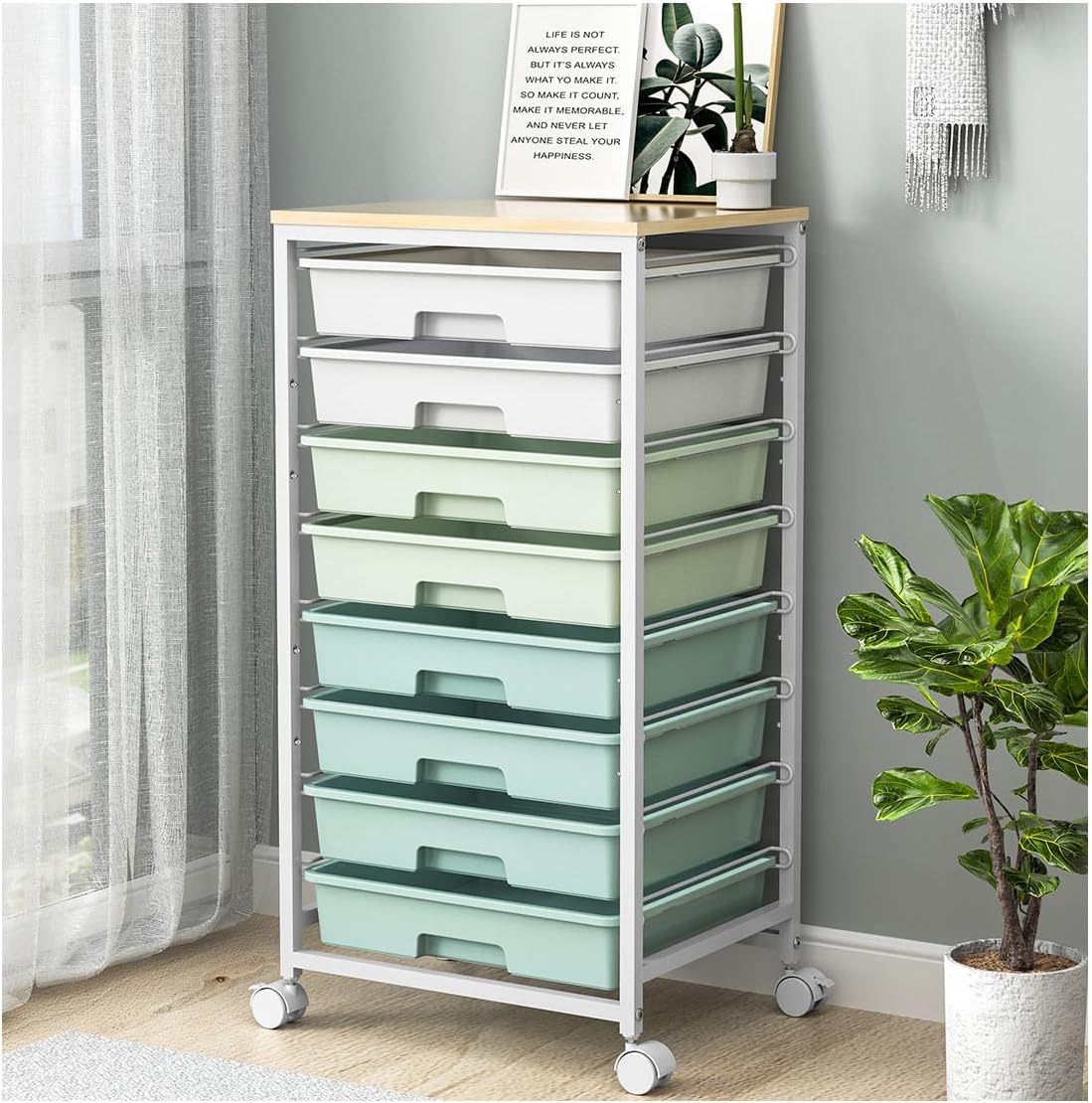SYKIARIOL Rolling Cart with Drawers,Craft Organizers and Storage, Green | Rolling Storage Cart with 8 Drawers and Wooden Tabletop for Living Room,Office,Classroom,Craft Room,Bedroom,Dorm