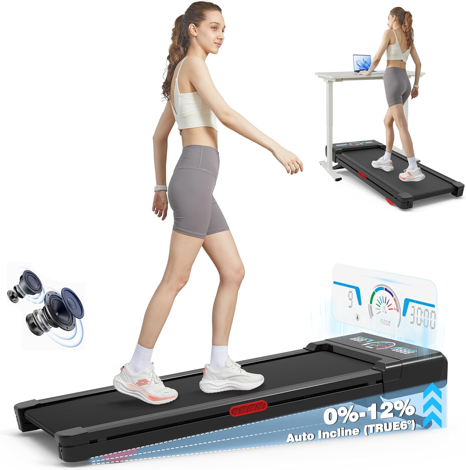 TRAILVIBER Walking Pad Treadmill 12% Auto Incline, Under Desk Treadmill