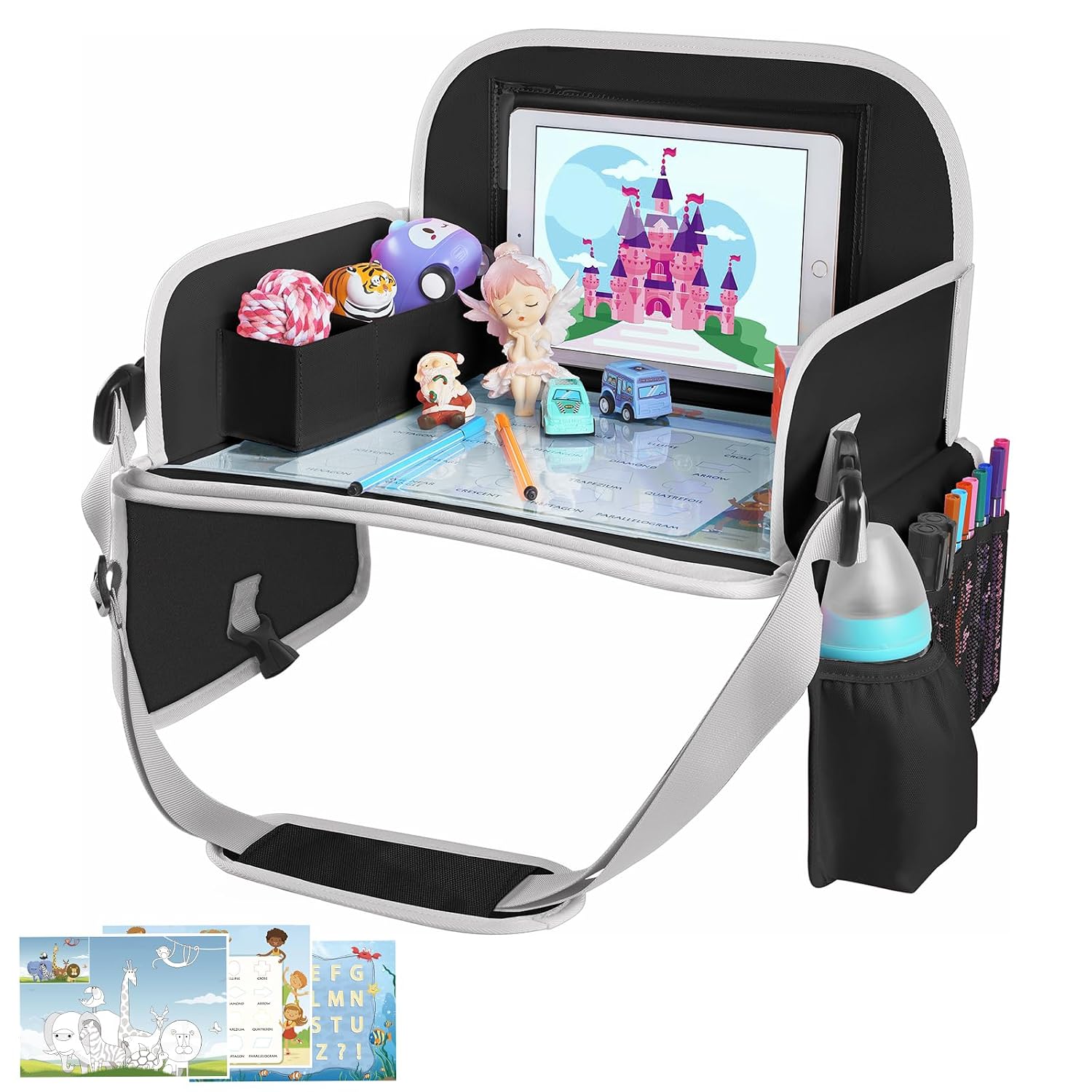 MENZOKE Kids Travel Tray for Car Seat, Road Trip Essential Kids Lap Tray | Toddler Gift for Boy Activities with Dry Erase Board, No-Drop iPad Holder Stand, Cooler Cup Holder & Adjustable Strap, Black