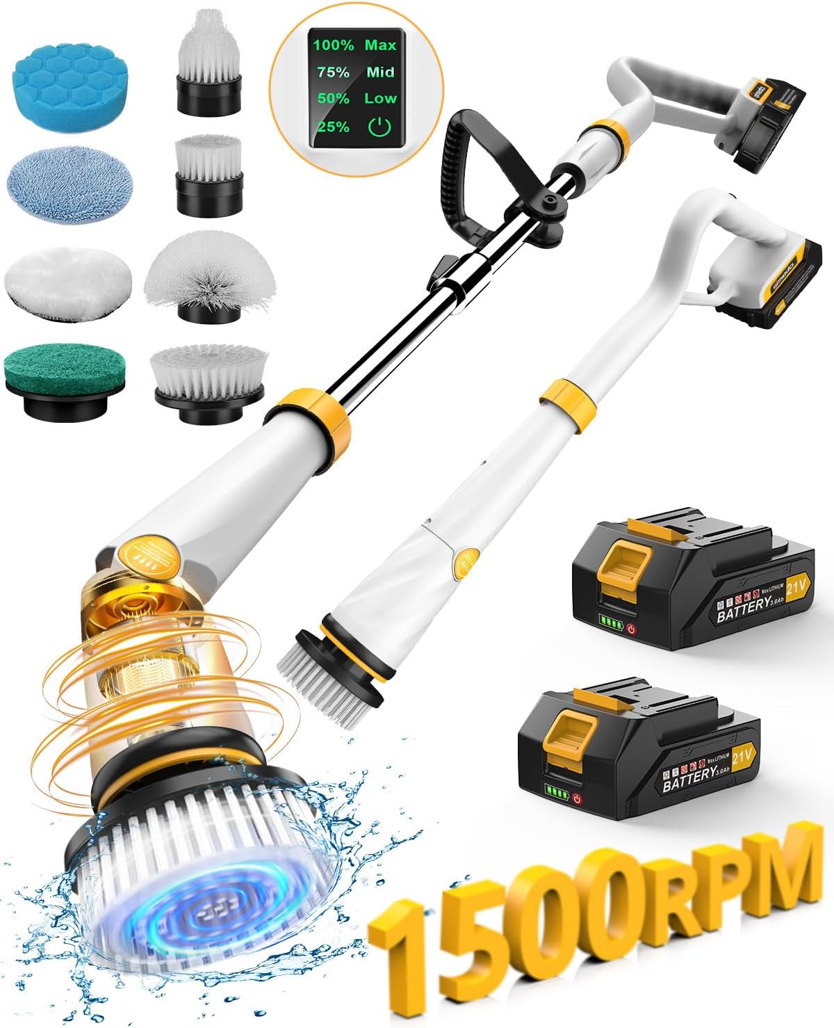Qimedo Electric Spin Scrubber Q2, 4000mAh Battery, 1500RPM High Power | Floor Scrubber Machine with Long Handle, Cordless Cleaning Brush, 8 Brush Heads and Smart Display for Showers, Tubs and Tile