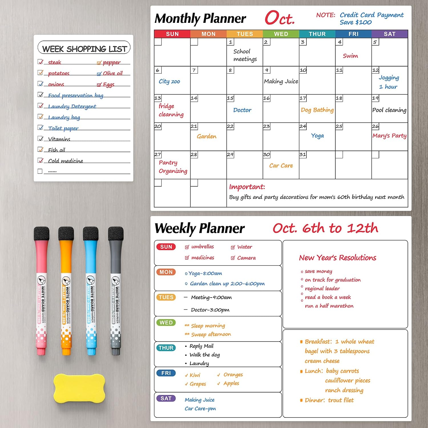 Dry Erase Magnetic Calendar for Refrigerator, 3 Pack- Monthly & Weekly & Daily Planner Magnet Whiteboard for Fridge Wall Door – Shopping, Meal/Menu, to Do List, Family Schedule Planning Board (D)