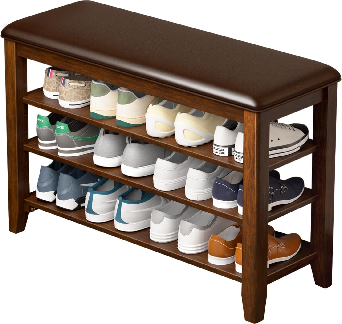 Shoe Rack Bench, 3 Tier Adjustable Shelves Rubberwood 31.5” | Shoe Bench with Storage,Removable Shelves for Shoes, Entryway,Hallway, Mudroom, Closet and Front Door Organization
