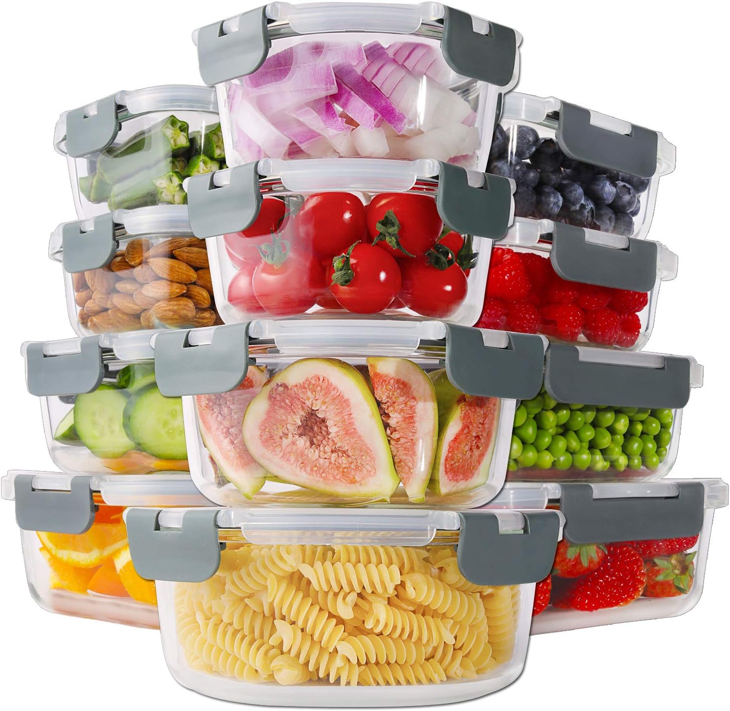 HOMBERKING 24pc Borosilicate Glass Food Storage Containers with Snap Locking Lids, Glass Meal Prep Containers, Airtight Lunch Boxes, Oven, Freezer and Dishwasher Safe, BPA Free, Kitchen Storage Set