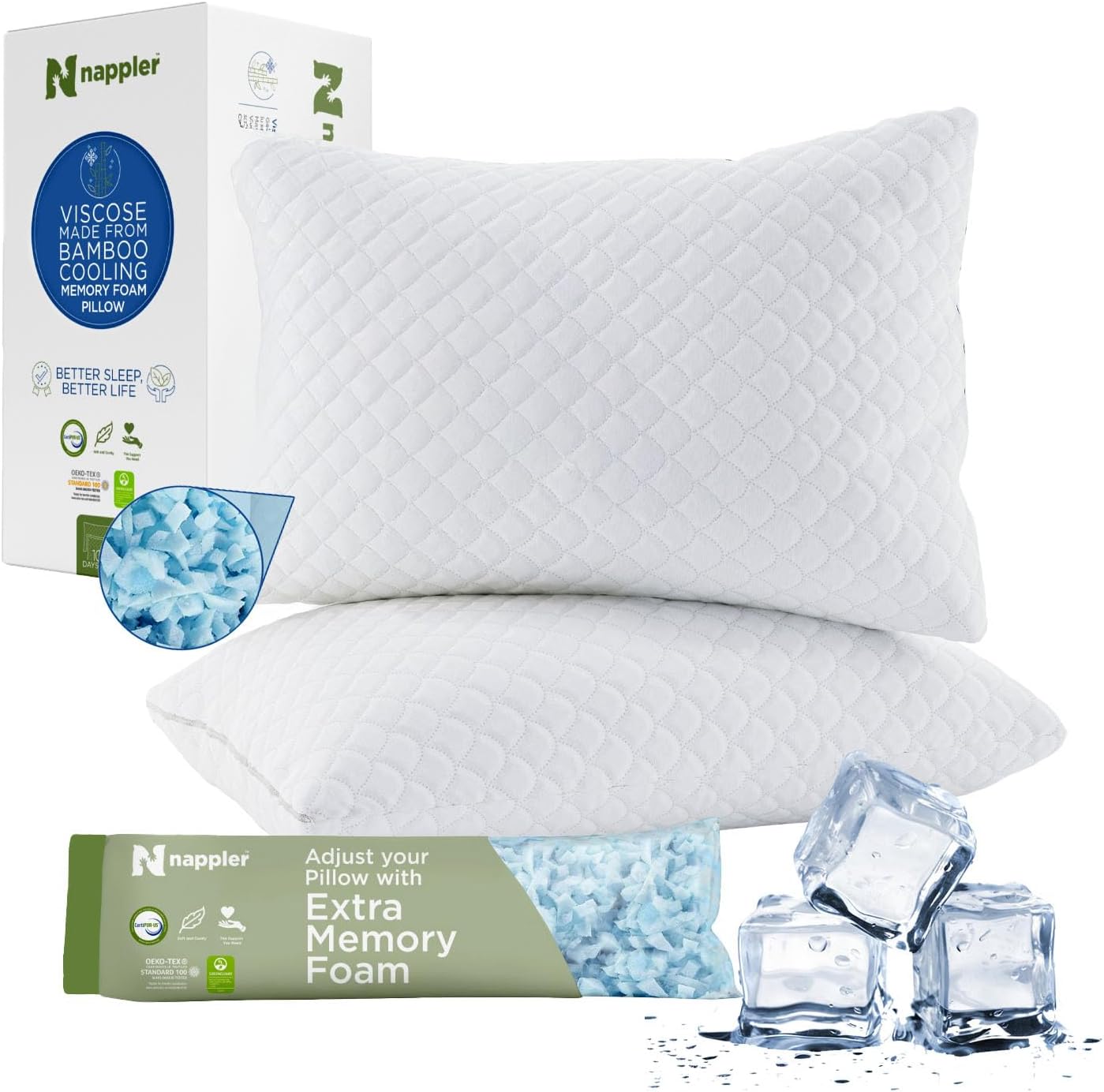 Nappler Cooling Pillow for hot Sleepers – Bed Pillows Queen Size Premium Set of 2 – Adjustable Shredded Memory Foam – Medium to Firm Pillows for Back, Stomach & Side Sleepers -Washable Cover