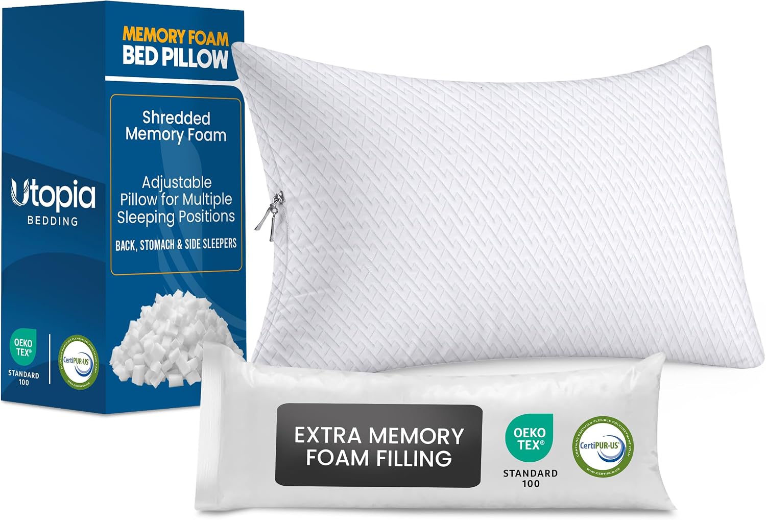 Utopia Bedding Shredded Memory Foam Pillows, Cooling Pillow, Queen, 1 Pack | Adjustable Bed Pillow for sleeping, Washable Jacquard-Polyester Cover, Support for back, side & stomach sleepers, Pack of 1