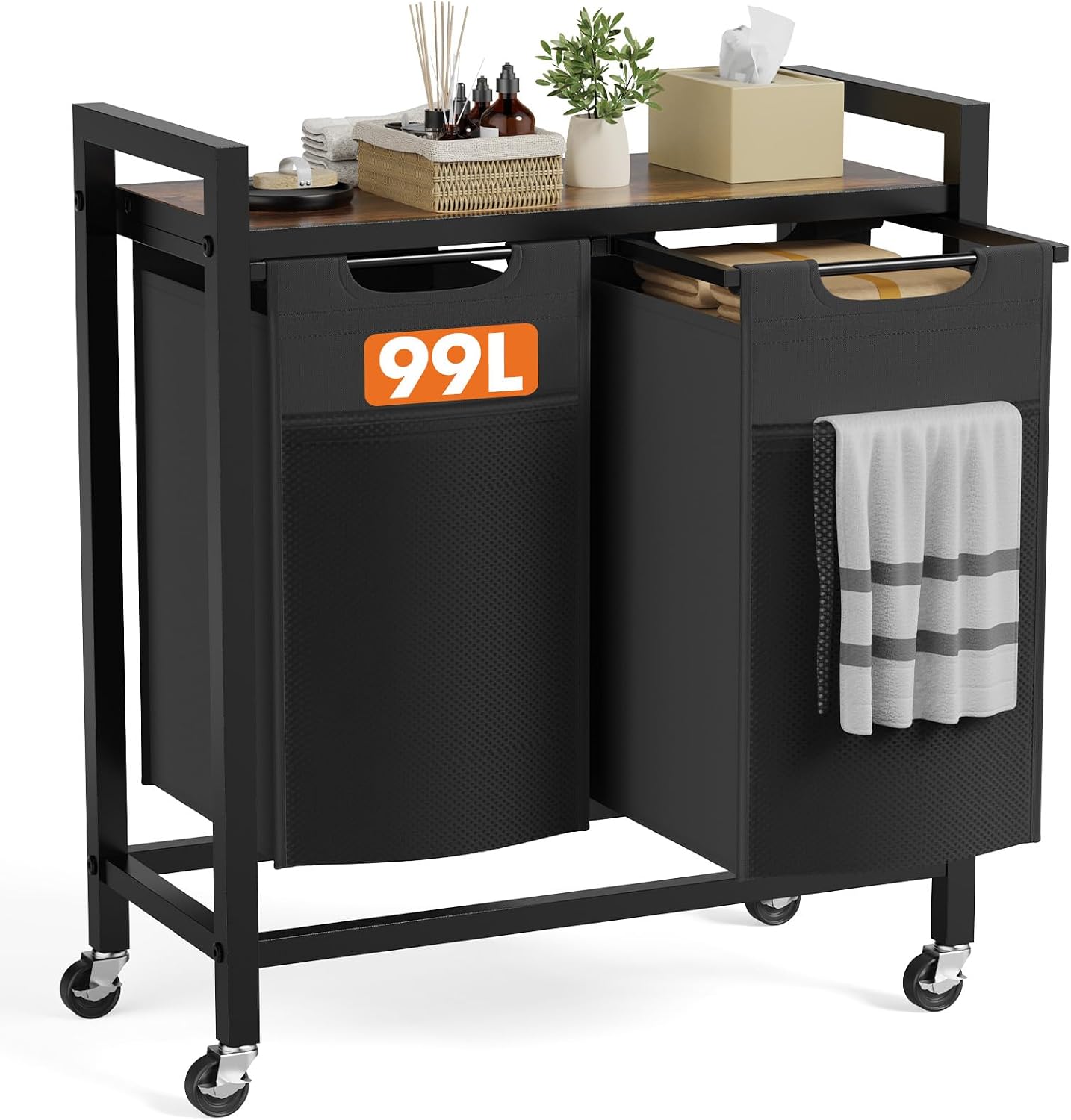 DUMOS Laundry Hamper with 2 Pull-Out Removable Sorter Bags, Movable Wheels, Freestanding Clothes Basket Organizer in Bathroom, 2 x 13.1Gal (99L) Capacity, Rustic Brown and Black